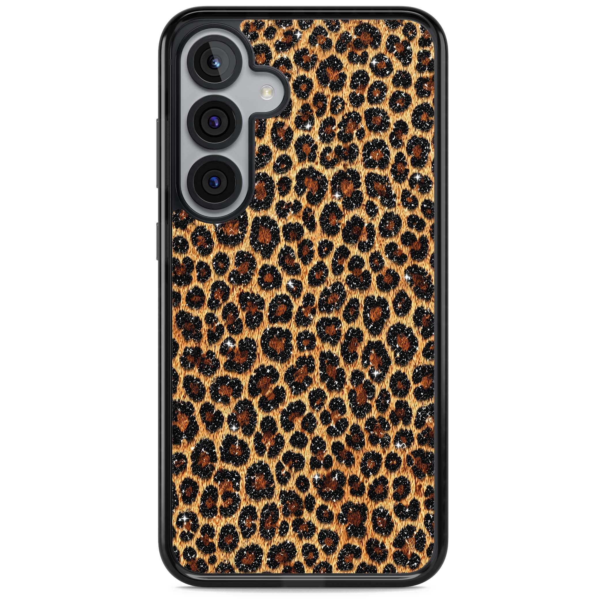 Diamond Leopard leopard print iPhone case featuring golden tan fur, black rosette spots and subtle glitter sparkle | Black Impact case for Samsung Galaxy S25, Samsung Galaxy S25 Plus