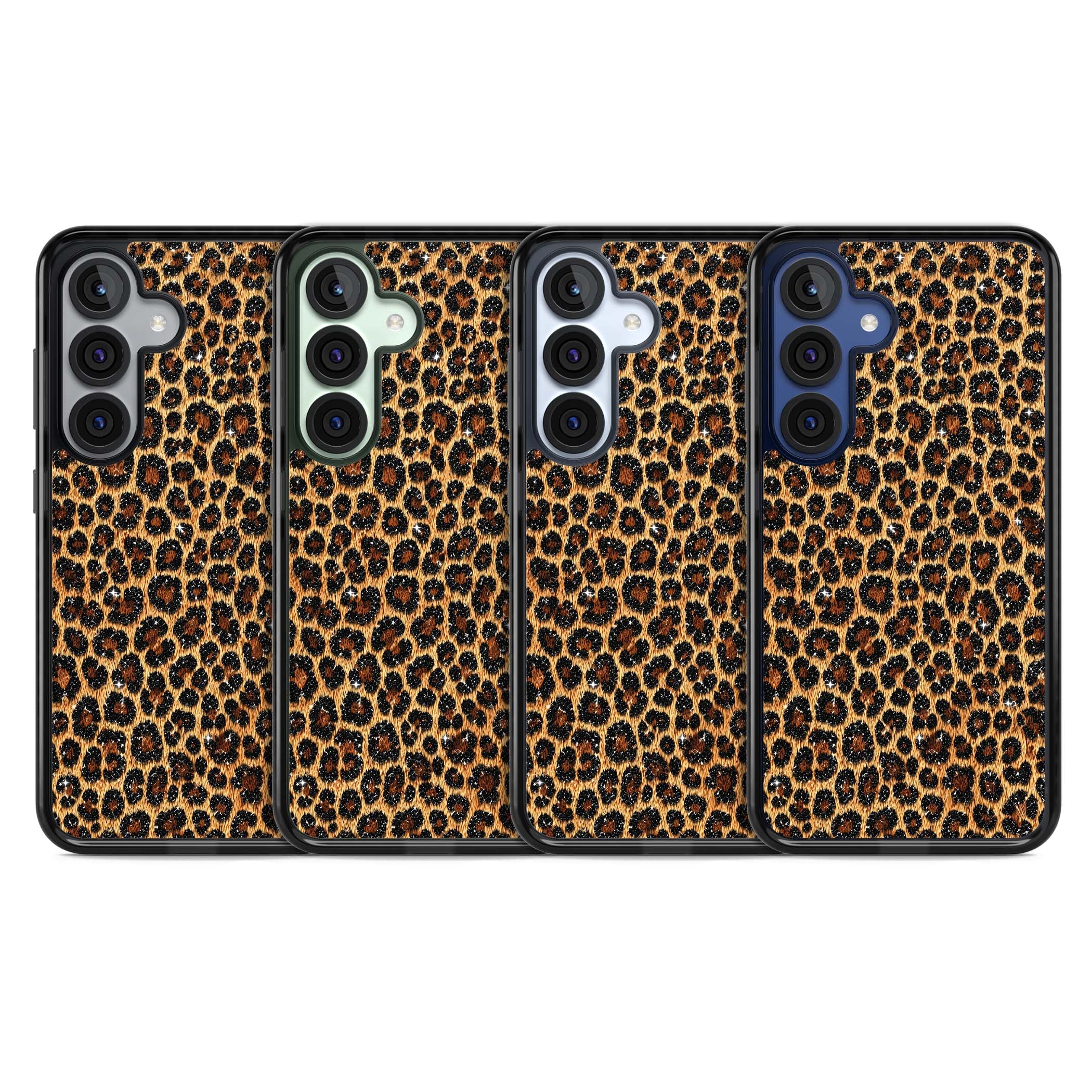 Diamond Leopard leopard print iPhone case featuring golden tan fur, black rosette spots and subtle glitter sparkle | Black Impact case for Samsung Galaxy S25, Samsung Galaxy S25 Plus