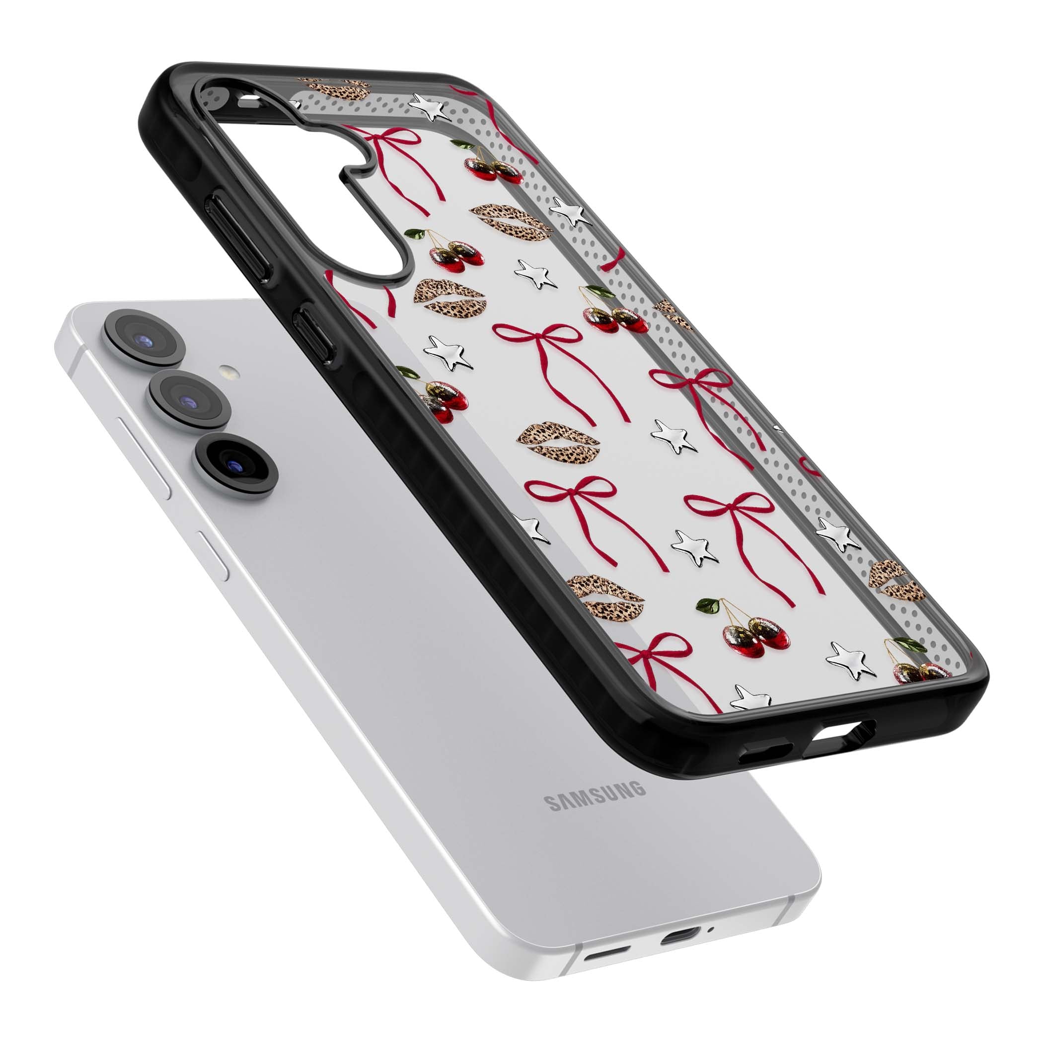 Starlet coquette iPhone case featuring red ribbon bows, disco cherries and leopard-print lips | Black Impact case for Samsung Galaxy S25, Samsung Galaxy S25 Plus