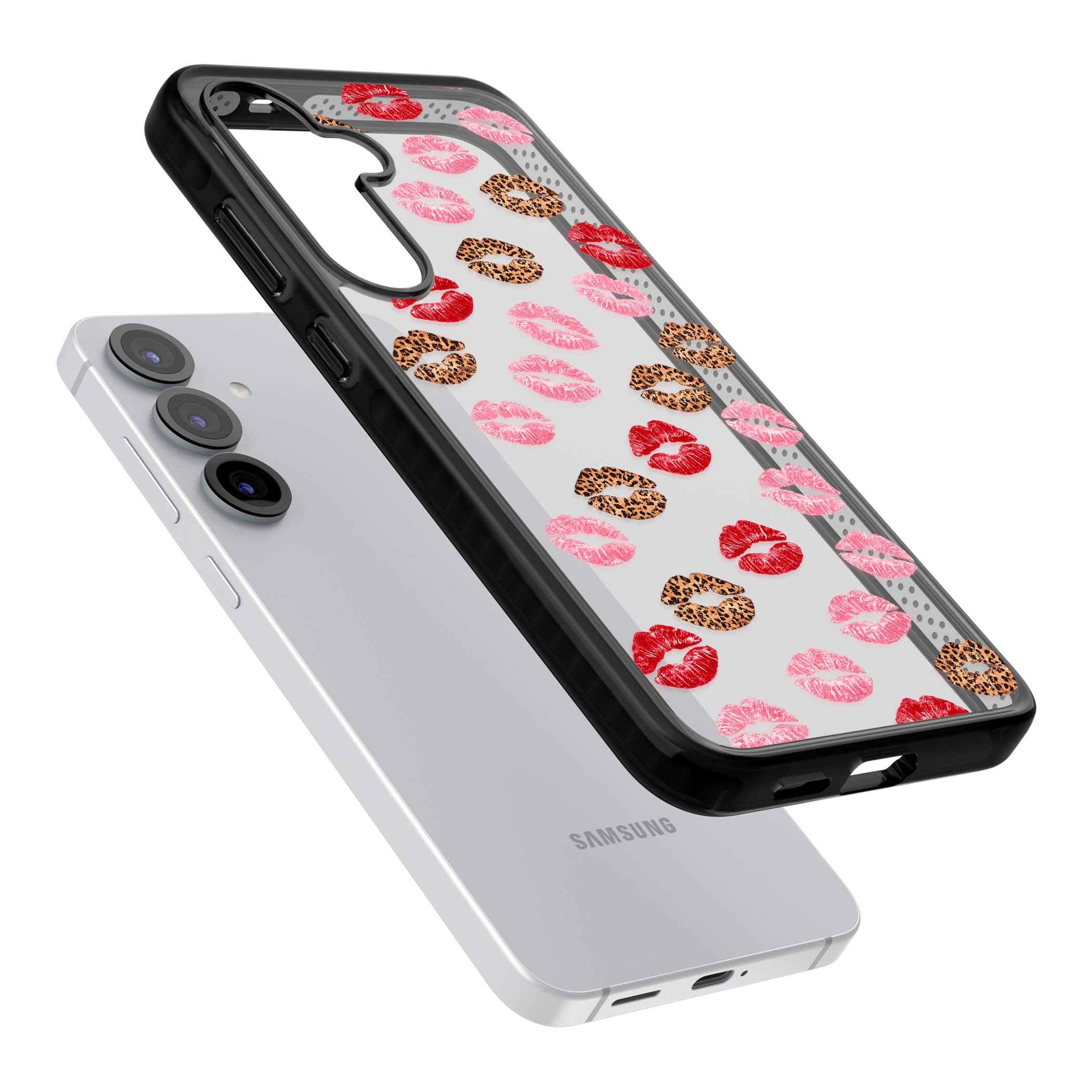 Wild Kisses coquette iPhone case featuring red, pink and leopard print lipstick kiss marks on a clear background | Black Impact case for Samsung Galaxy S25, Samsung Galaxy S25 Plus