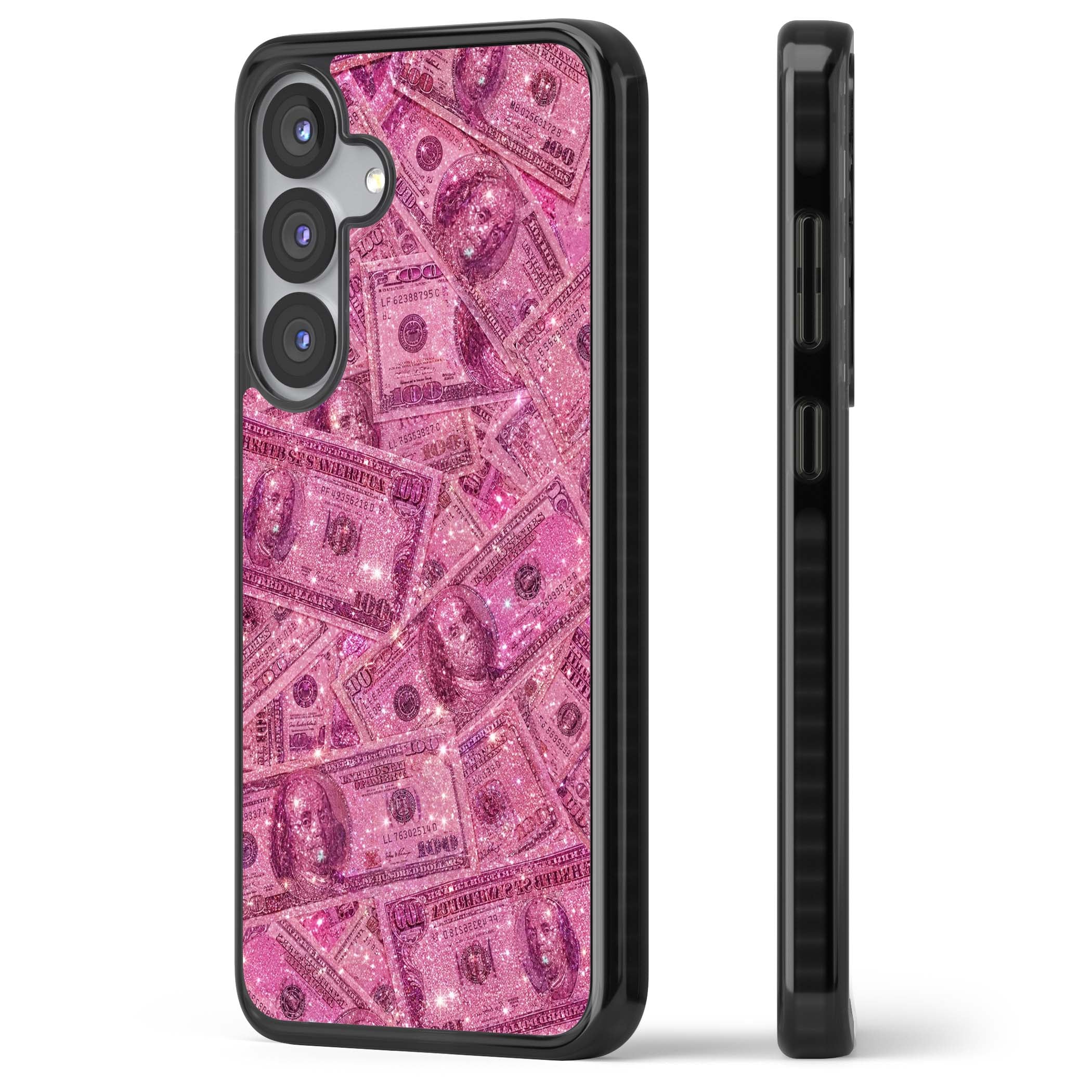 Glamorous baddie iPhone case featuring pink glitter hundred dollar bills and sparkling money wallpaper design | Black Impact case for Samsung Galaxy S25, Samsung Galaxy S25 Plus