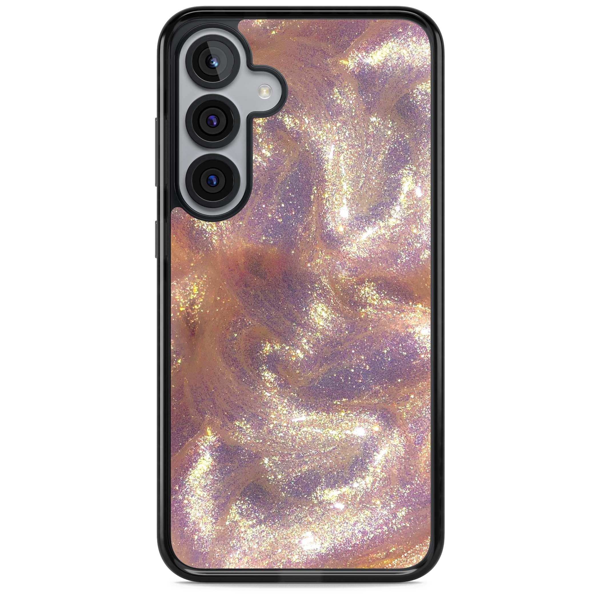 Shimmer marble iPhone case featuring rose gold glitter swirls, lilac shimmer and iridescent pearl finish | Black Impact case for Samsung Galaxy S25, Samsung Galaxy S25 Plus