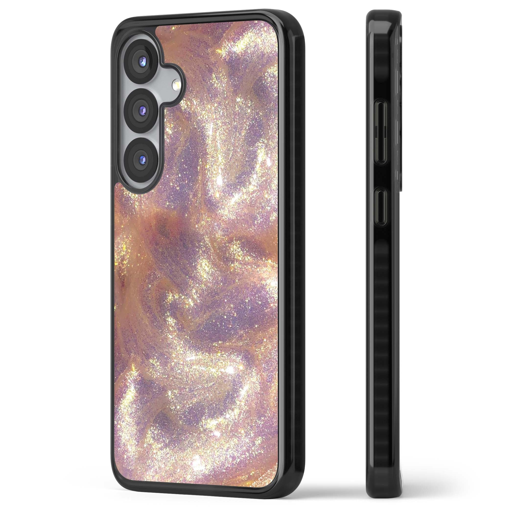 Shimmer marble iPhone case featuring rose gold glitter swirls, lilac shimmer and iridescent pearl finish | Black Impact case for Samsung Galaxy S25, Samsung Galaxy S25 Plus