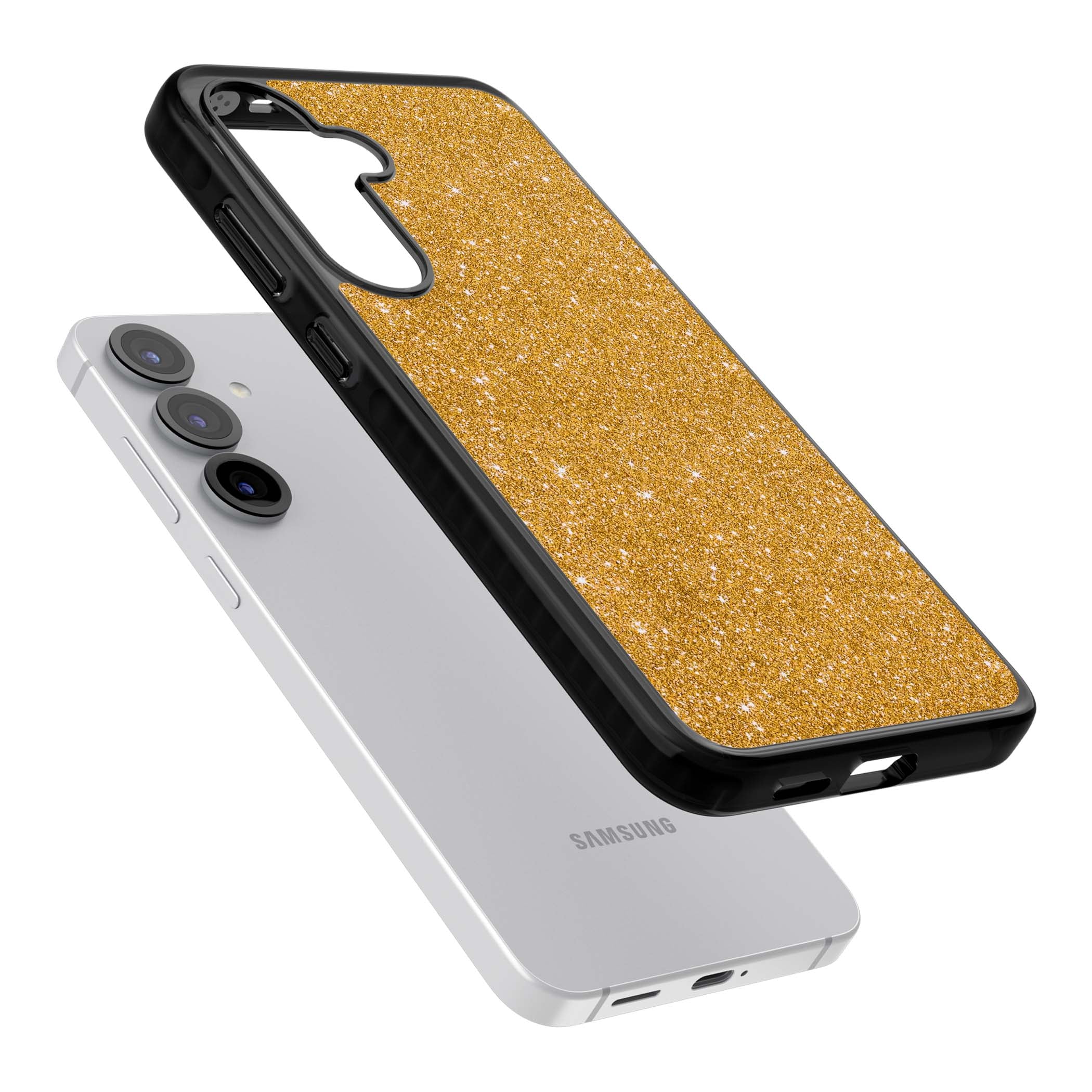 Gold Glitter gold glitter iPhone case featuring a shimmering sparkle wallpaper design in luxury gold | Black Impact case for Samsung Galaxy S25, Samsung Galaxy S25 Plus