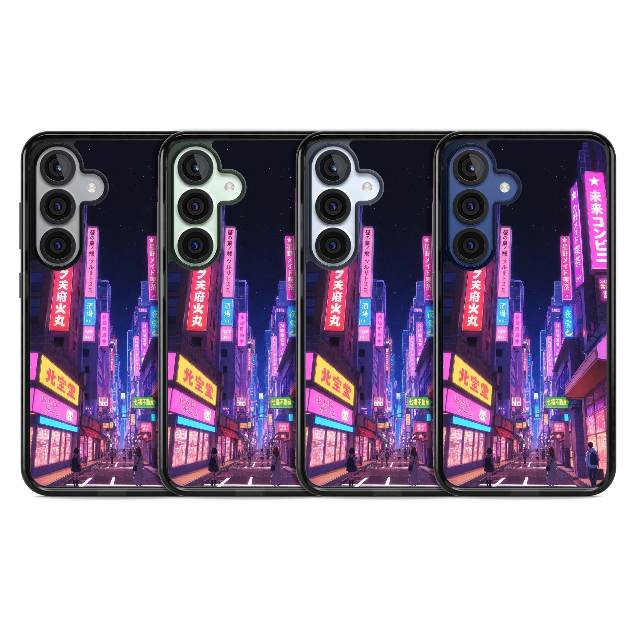Shibuya At Night Japanese neon city iPhone case featuring glowing kanji signs, pink storefronts and a Tokyo street at n | Black Impact case for Samsung Galaxy S25, Samsung Galaxy S25 Plus