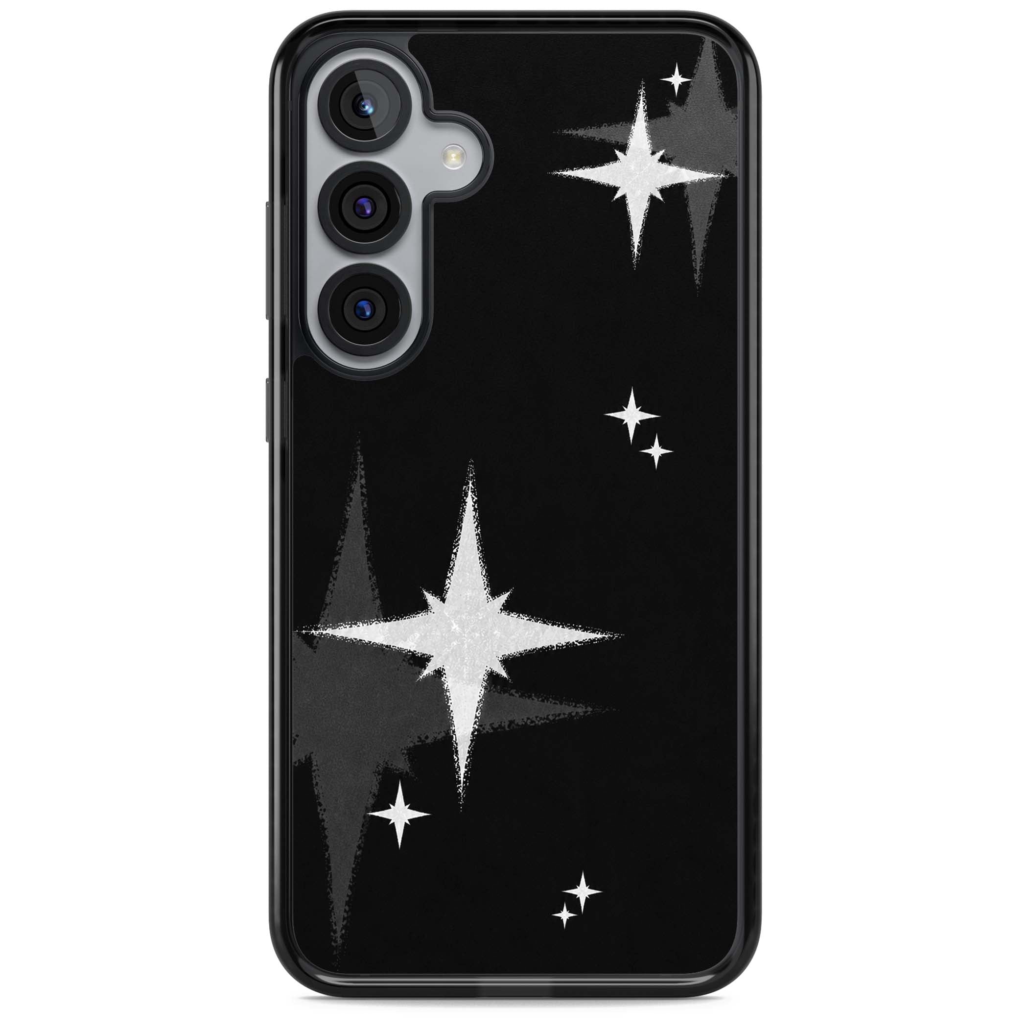 Black Sparkle celestial iPhone case featuring white sparkle stars on a black night sky background | Black Impact case for Samsung Galaxy S25, Samsung Galaxy S25 Plus