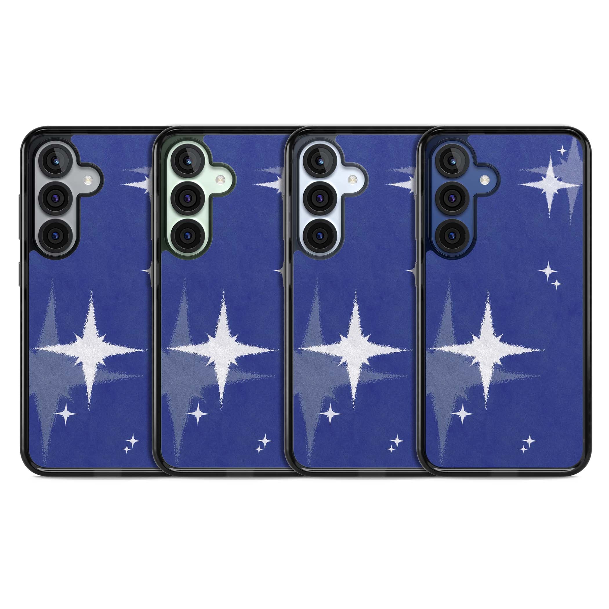 Blue Sparkle celestial iPhone case featuring sparkling silver stars on a deep blue painterly night sky | Black Impact case for Samsung Galaxy S25, Samsung Galaxy S25 Plus
