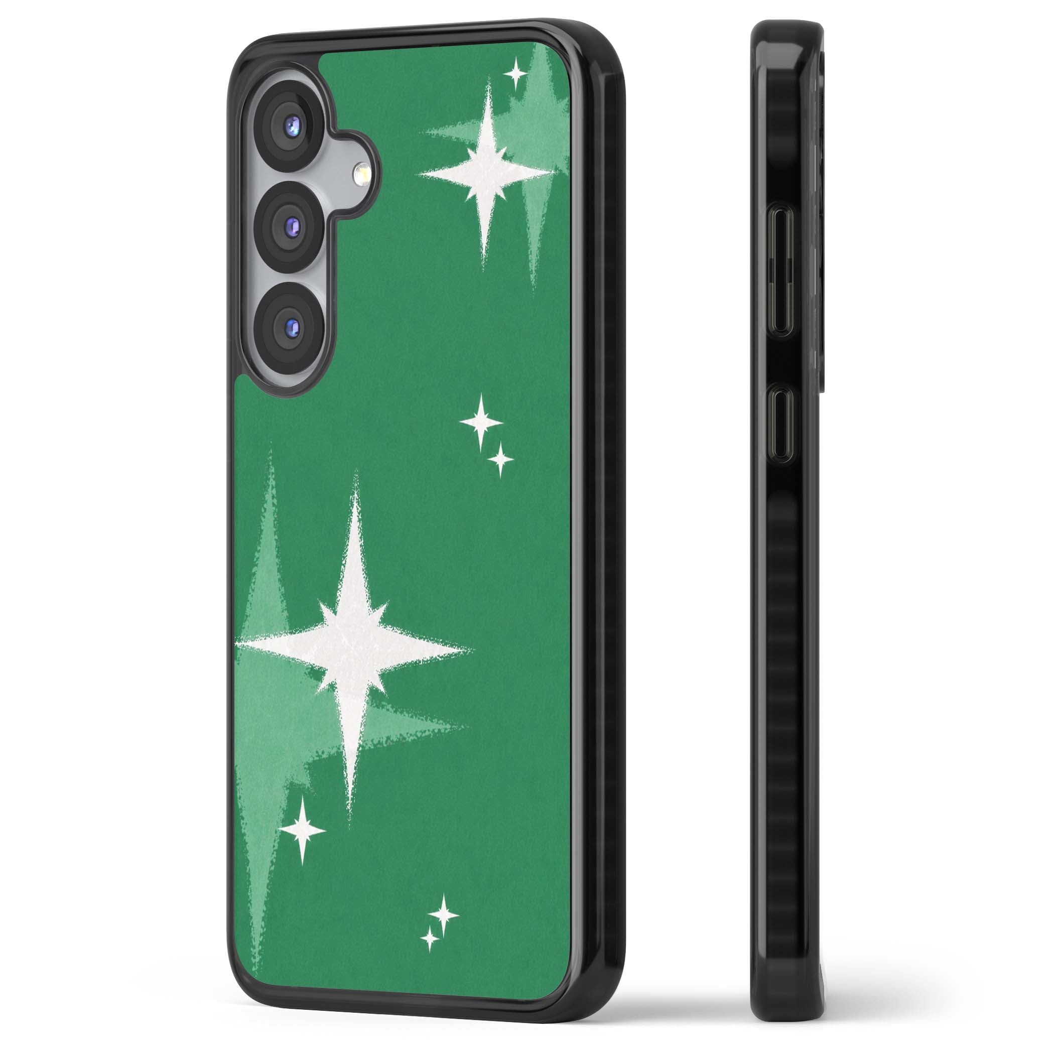 Green Sparkle celestial iPhone case featuring sparkling white four-point stars on a deep green background | Black Impact case for Samsung Galaxy S25, Samsung Galaxy S25 Plus