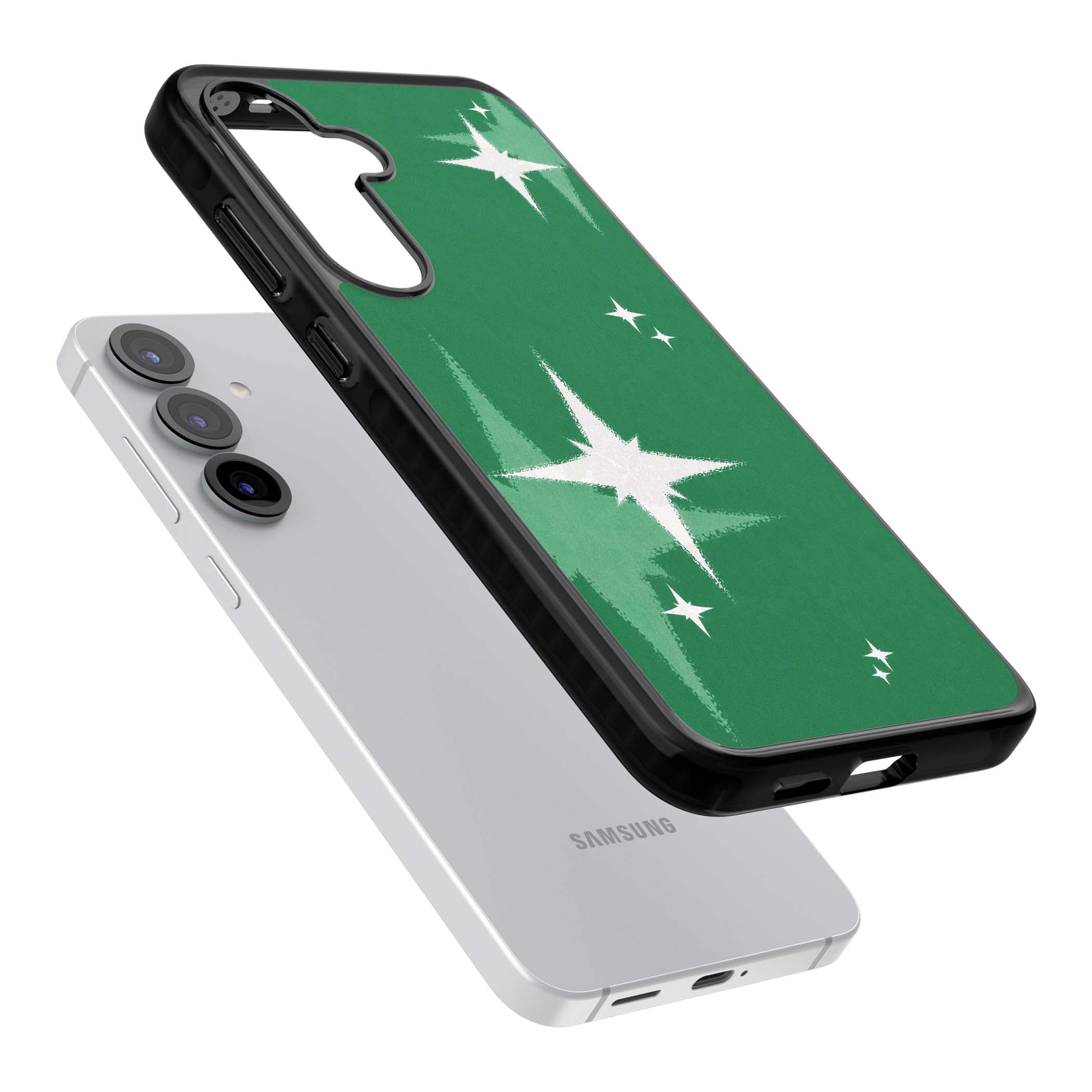 Green Sparkle celestial iPhone case featuring sparkling white four-point stars on a deep green background | Black Impact case for Samsung Galaxy S25, Samsung Galaxy S25 Plus