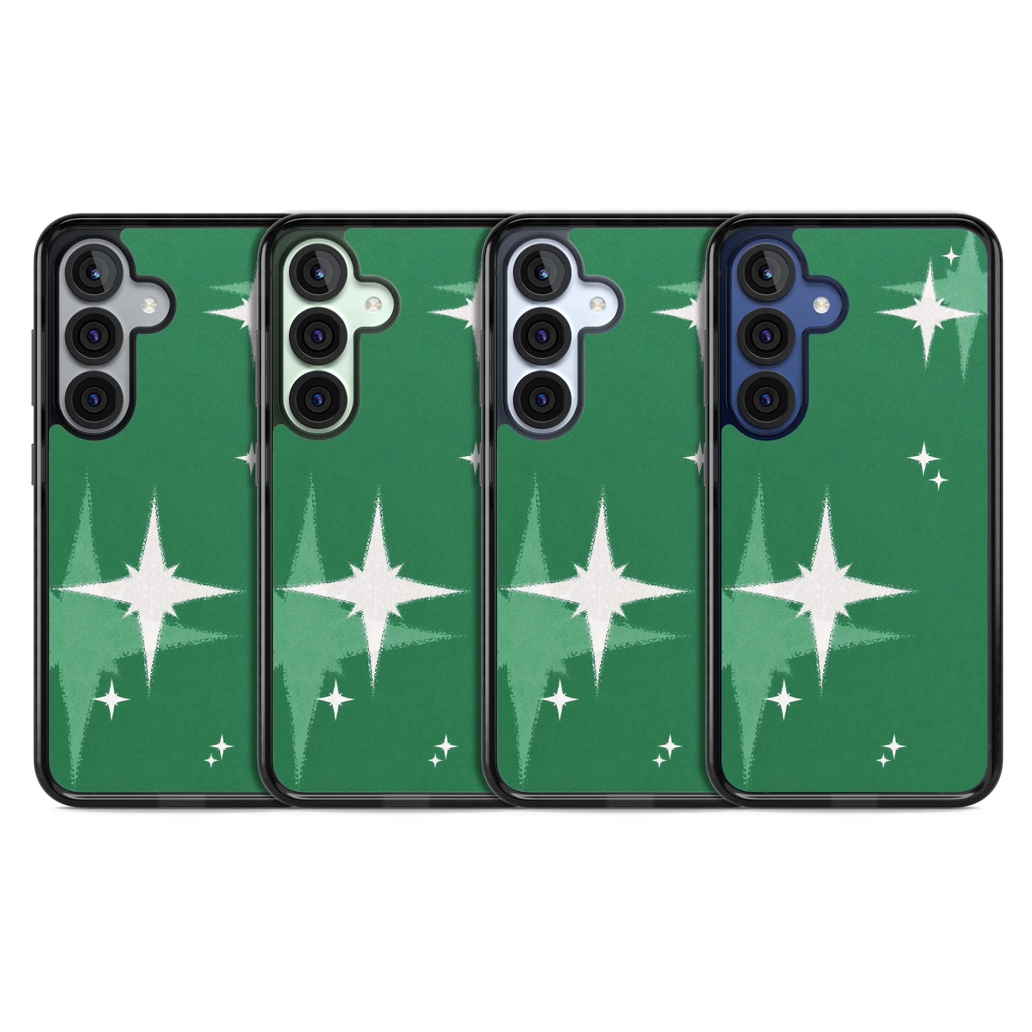 Green Sparkle celestial iPhone case featuring sparkling white four-point stars on a deep green background | Black Impact case for Samsung Galaxy S25, Samsung Galaxy S25 Plus