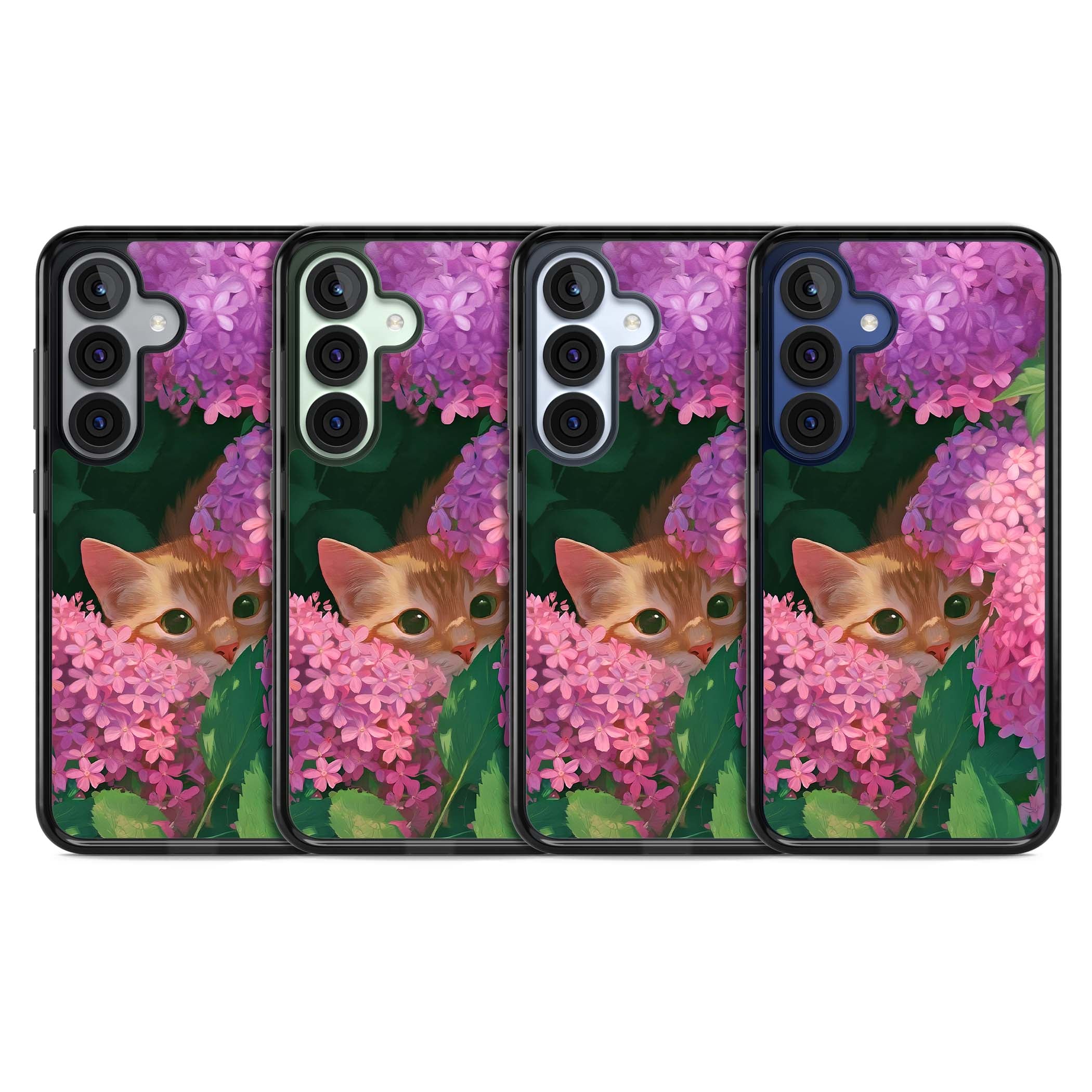 Cat In Pink Flowers cottagecore iPhone case featuring a ginger kitten peeking through lilac and pink hydrangea flo | Black Impact case for Samsung Galaxy S25, Samsung Galaxy S25 Plus