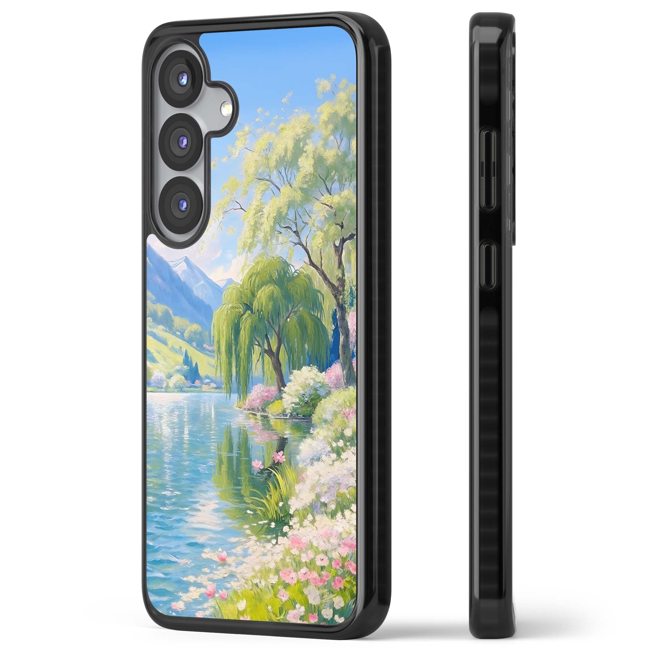 Willow Lake cottagecore iPhone case featuring a painted lakeside with weeping willow, blossoms and distant mountains | Black Impact case for Samsung Galaxy S25, Samsung Galaxy S25 Plus