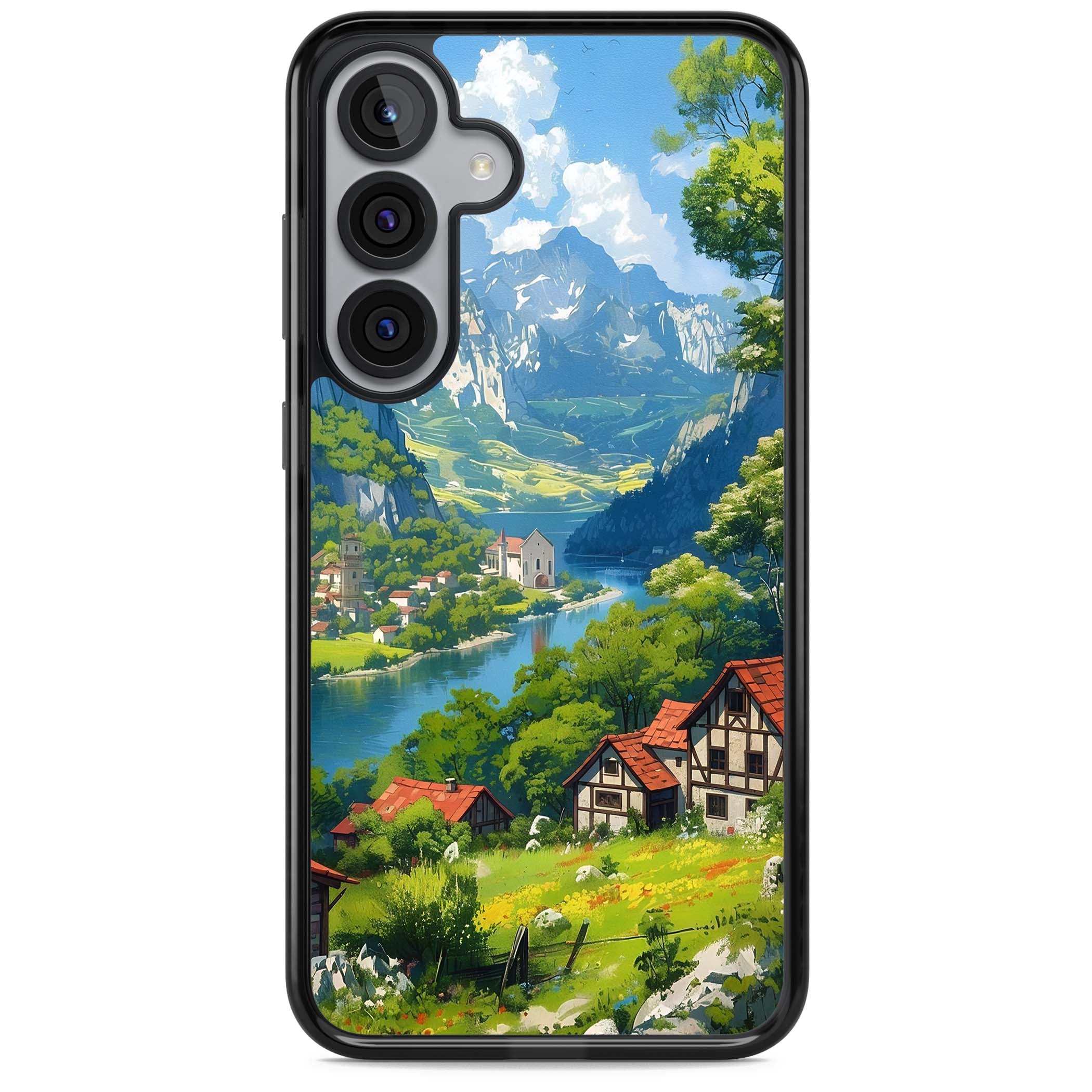 Village In The Valley anime iPhone case featuring a painted mountain village, river valley and half-timbered cottages. | Black Impact case for Samsung Galaxy S25, Samsung Galaxy S25 Plus