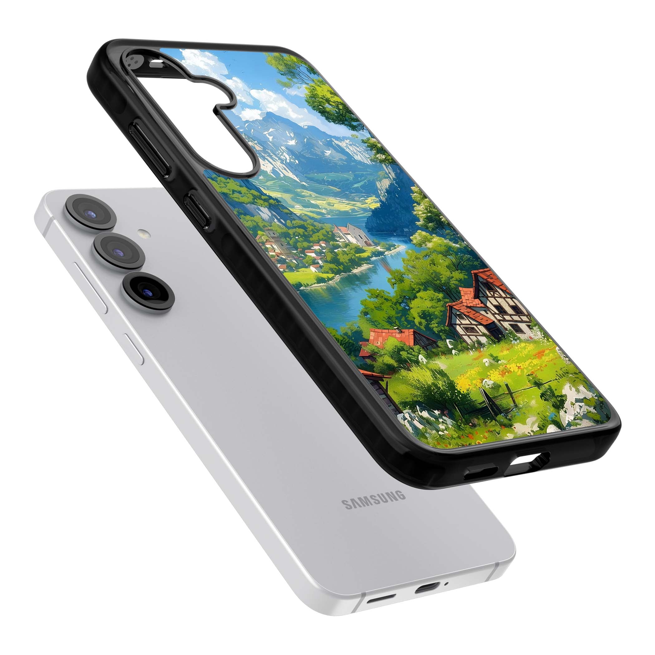 Village In The Valley anime iPhone case featuring a painted mountain village, river valley and half-timbered cottages. | Black Impact case for Samsung Galaxy S25, Samsung Galaxy S25 Plus