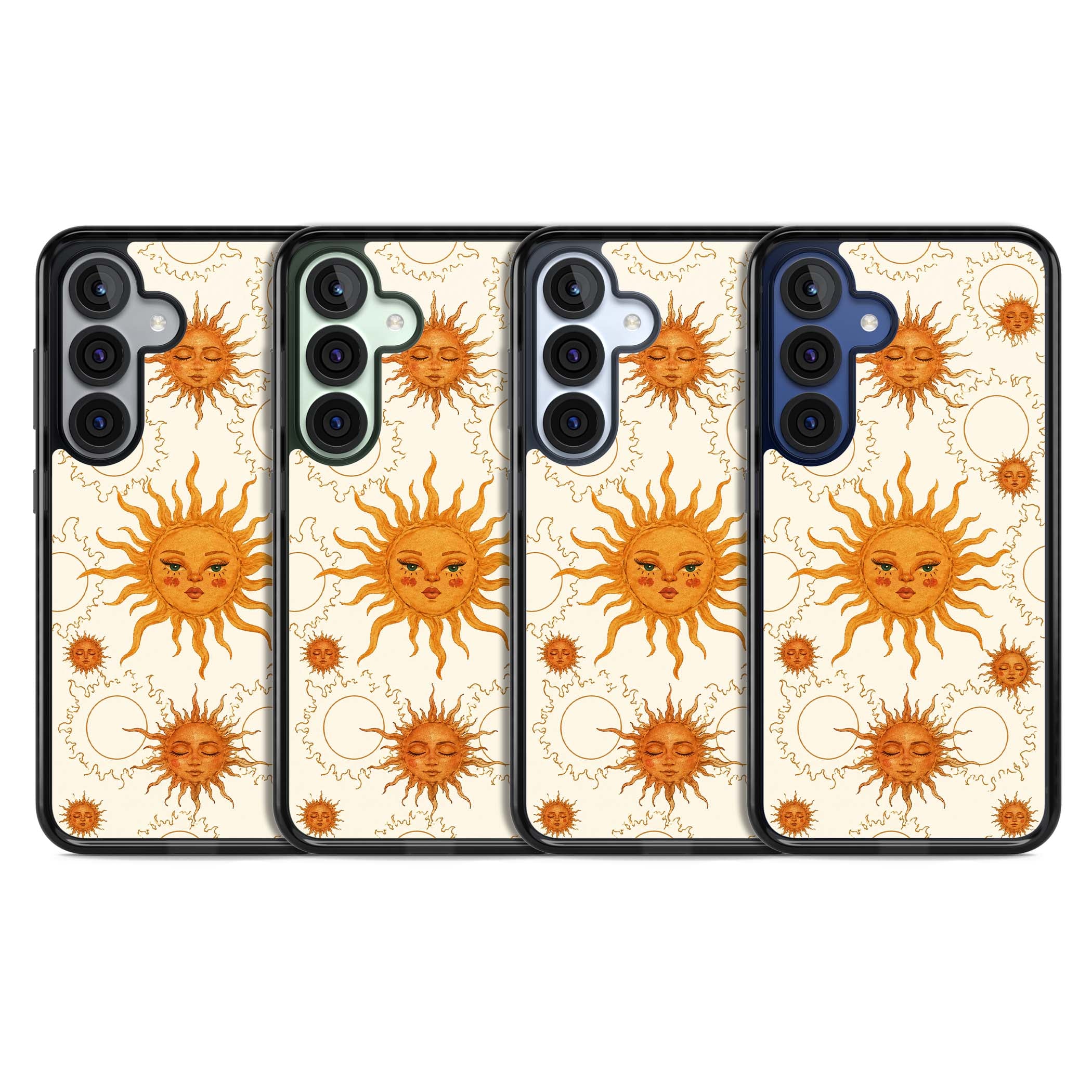 Solstice Muse celestial iPhone case featuring hand-painted golden sun faces, closed-eye sun goddesses and outlined moons... | Black Impact case for Samsung Galaxy S25, Samsung Galaxy S25 Plus