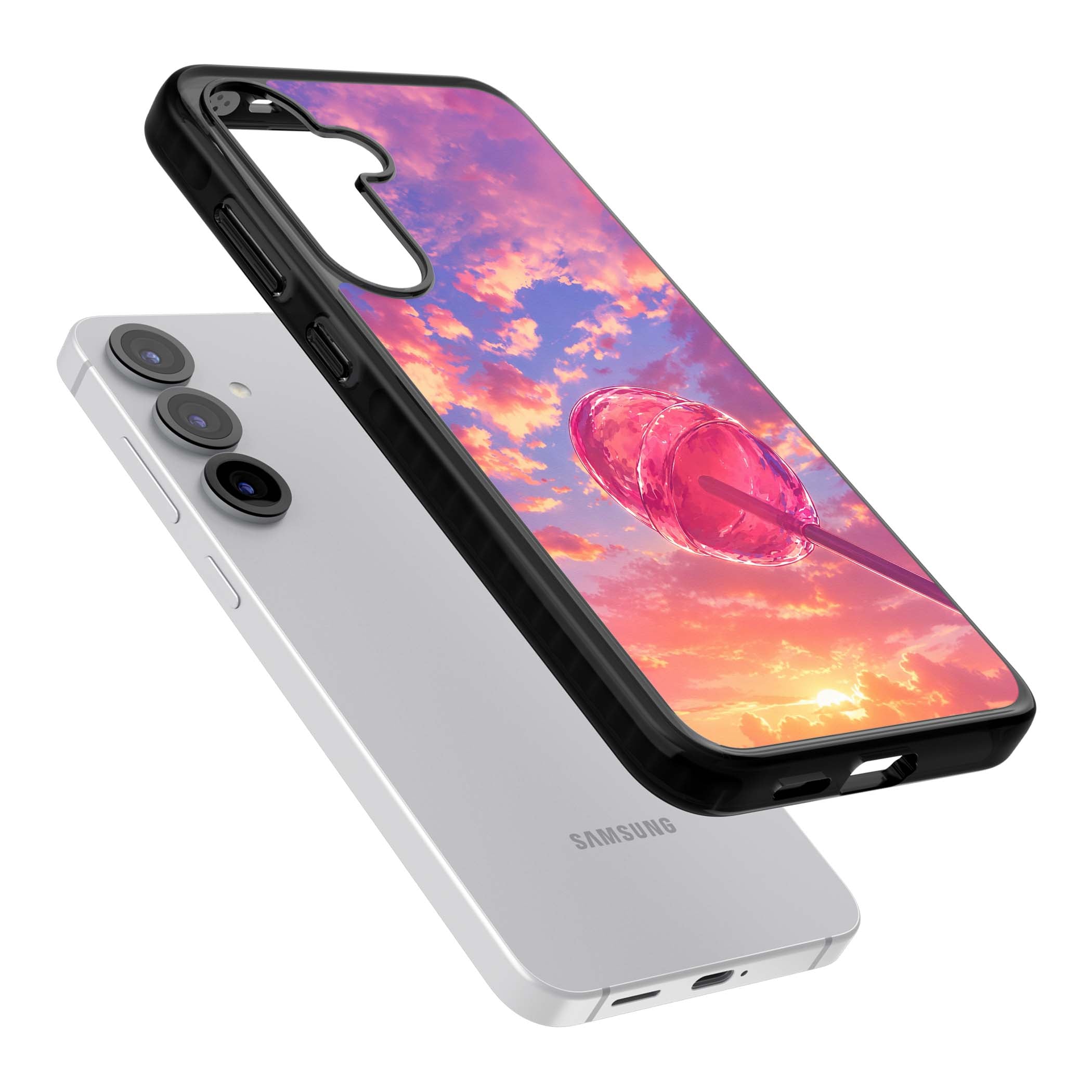 Sugar Sunset candy aesthetic iPhone case featuring a pink lollipop, pastel sunset sky and dreamy clouds | Black Impact case for Samsung Galaxy S25, Samsung Galaxy S25 Plus