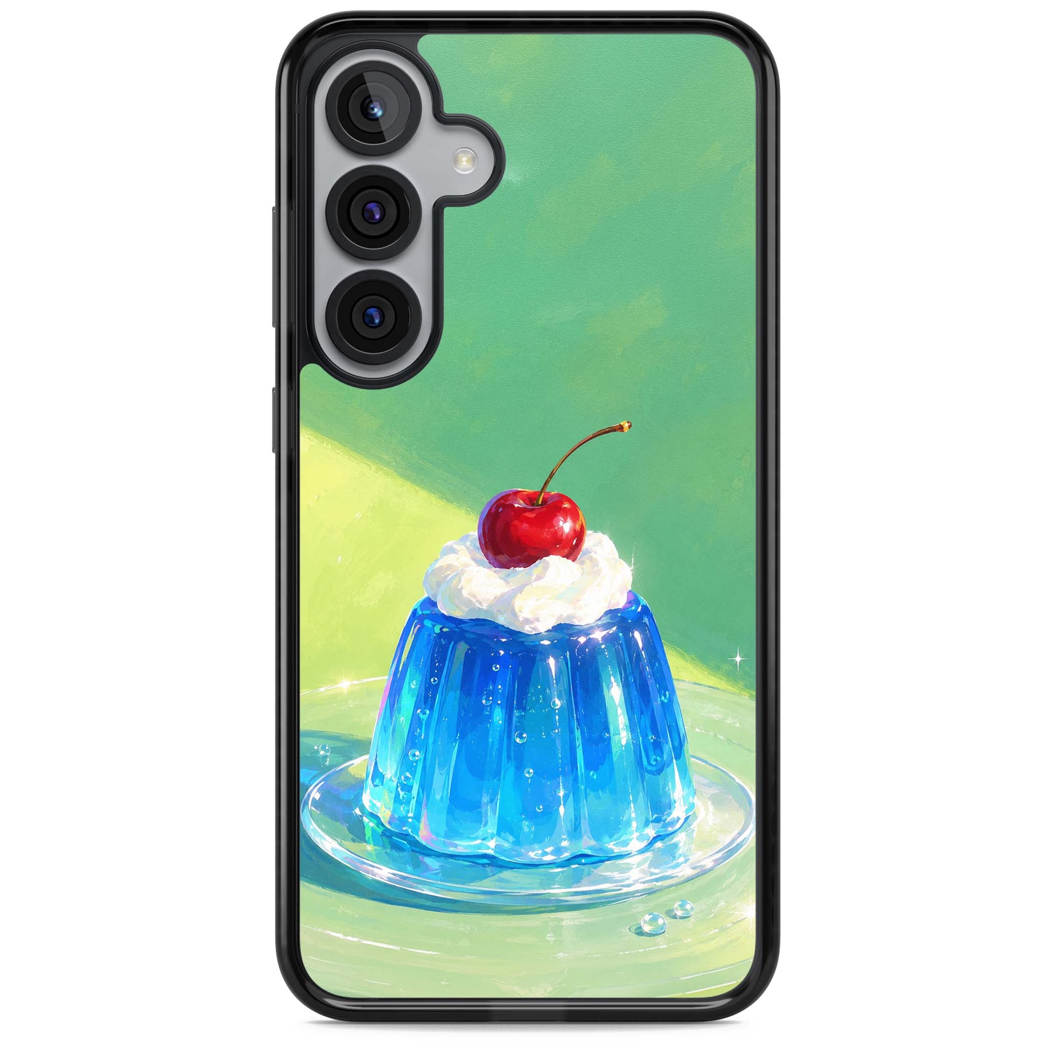 Cherry Jelly kawaii dessert iPhone case featuring blue jelly pudding, whipped cream and a red cherry | Black Impact case for Samsung Galaxy S25, Samsung Galaxy S25 Plus