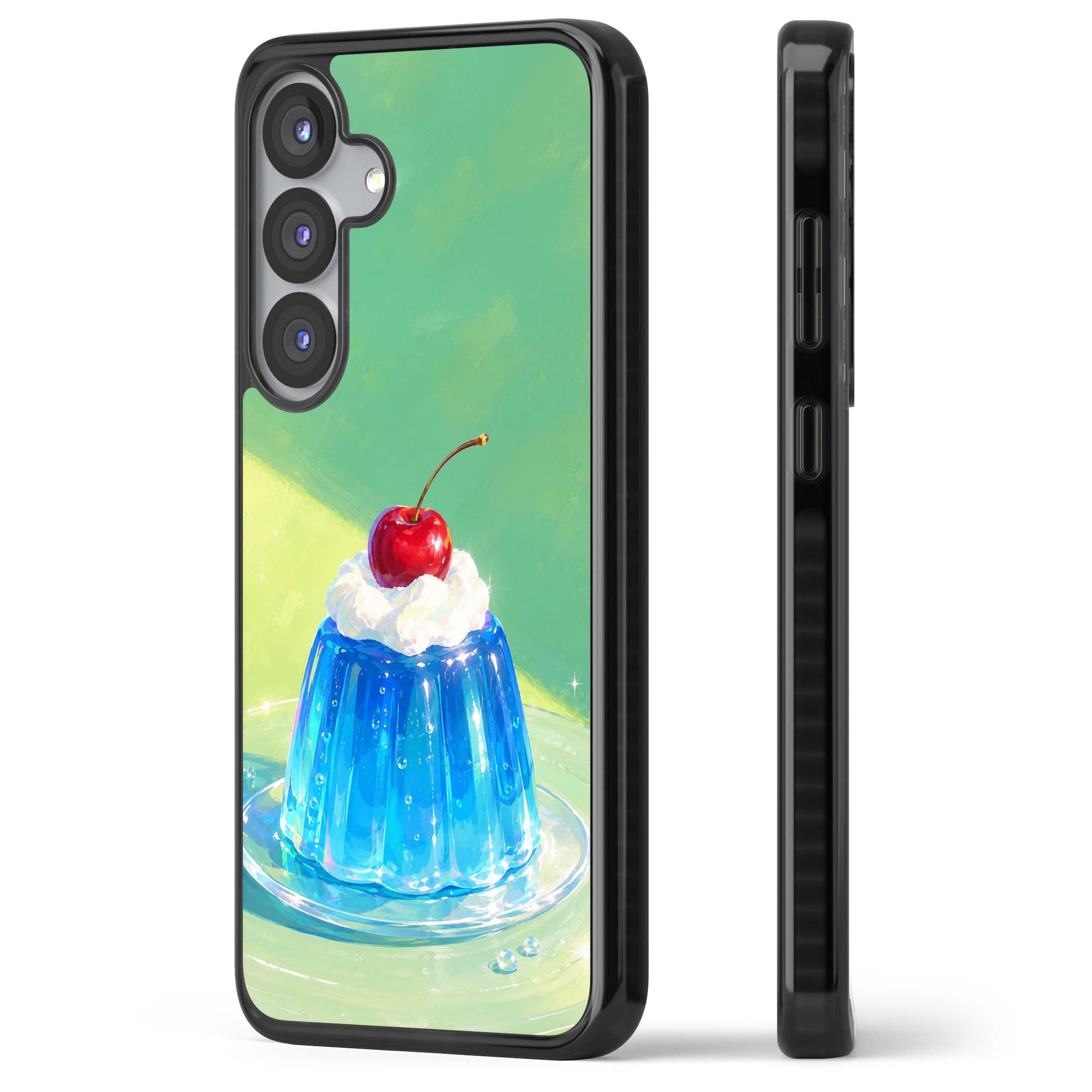 Cherry Jelly kawaii dessert iPhone case featuring blue jelly pudding, whipped cream and a red cherry | Black Impact case for Samsung Galaxy S25, Samsung Galaxy S25 Plus