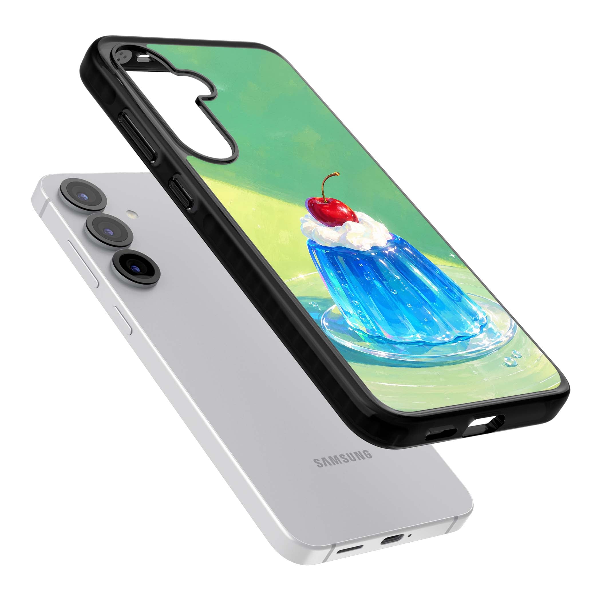 Cherry Jelly kawaii dessert iPhone case featuring blue jelly pudding, whipped cream and a red cherry | Black Impact case for Samsung Galaxy S25, Samsung Galaxy S25 Plus