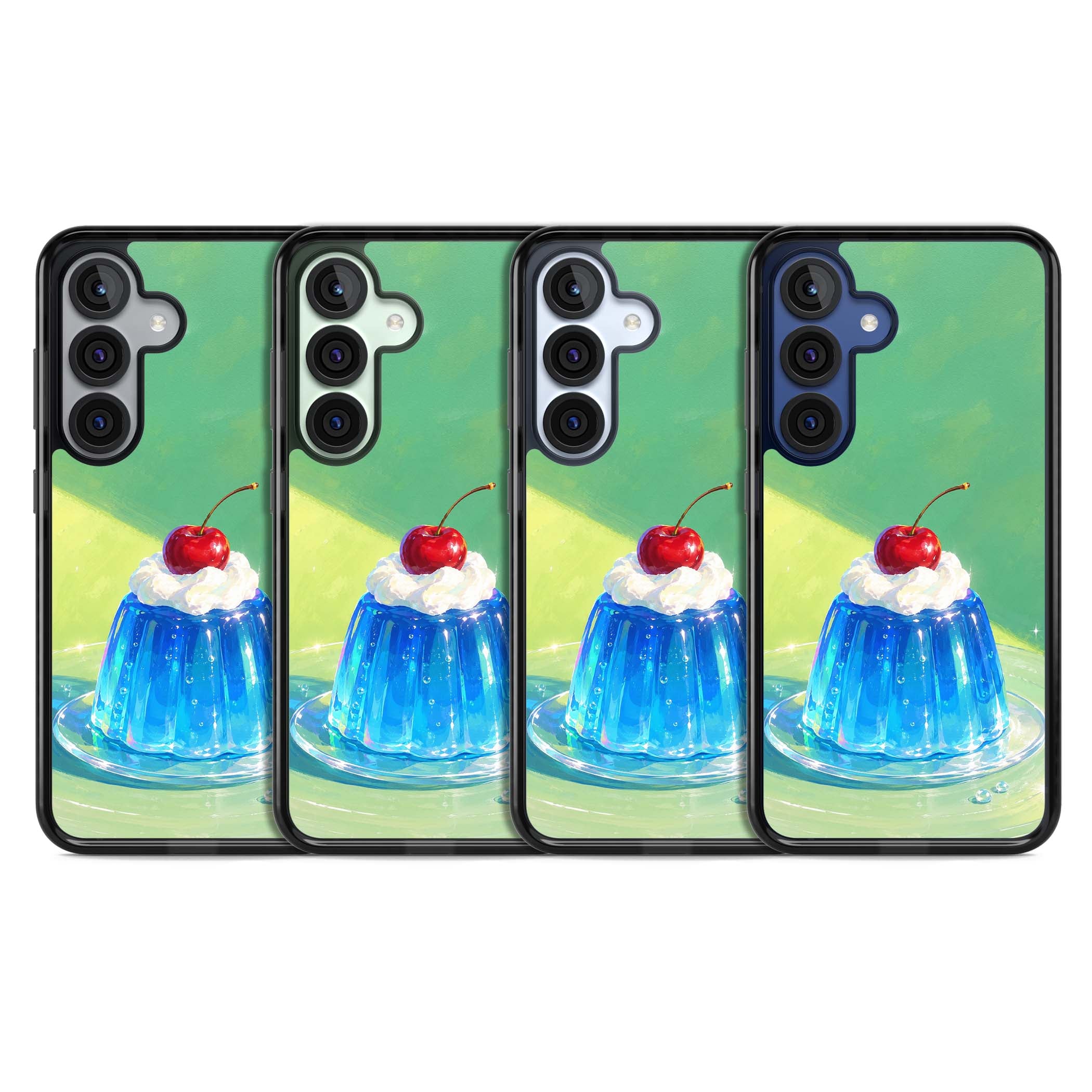 Cherry Jelly kawaii dessert iPhone case featuring blue jelly pudding, whipped cream and a red cherry | Black Impact case for Samsung Galaxy S25, Samsung Galaxy S25 Plus