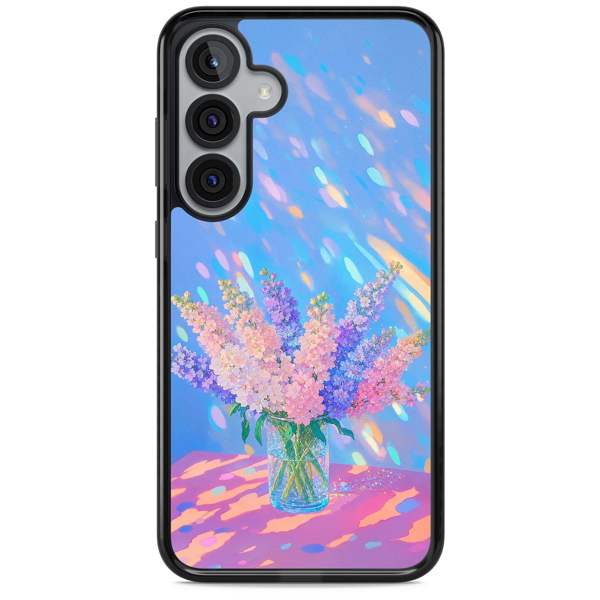 Bubblegum Flowers floral iPhone case featuring pastel lilac and pink bouquet in a glass vase with iridescent light | Black Impact case for Samsung Galaxy S25, Samsung Galaxy S25 Plus