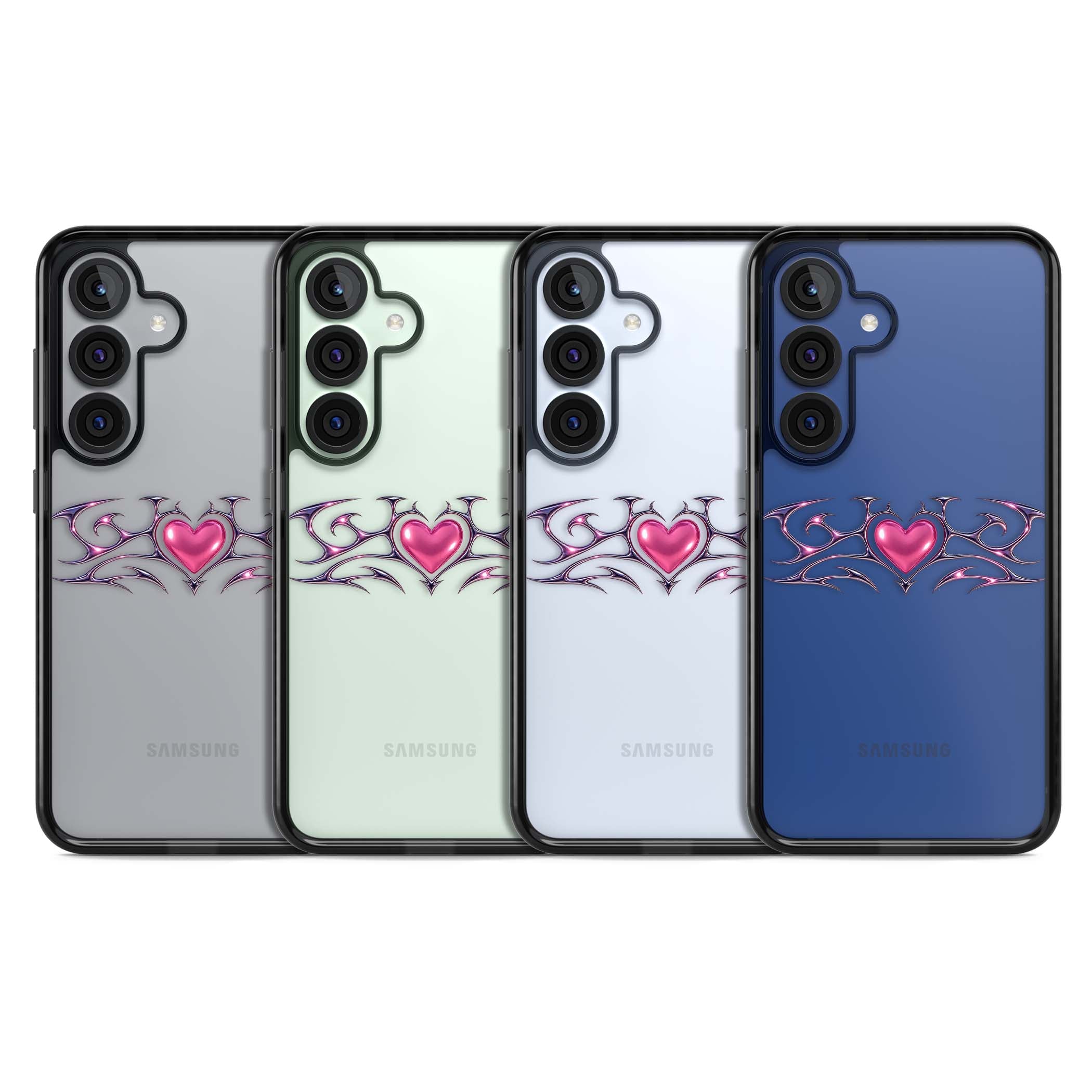 Pink Chrome Heart y2k iPhone case | Black Impact case for Samsung Galaxy S25, Samsung Galaxy S25 Plus