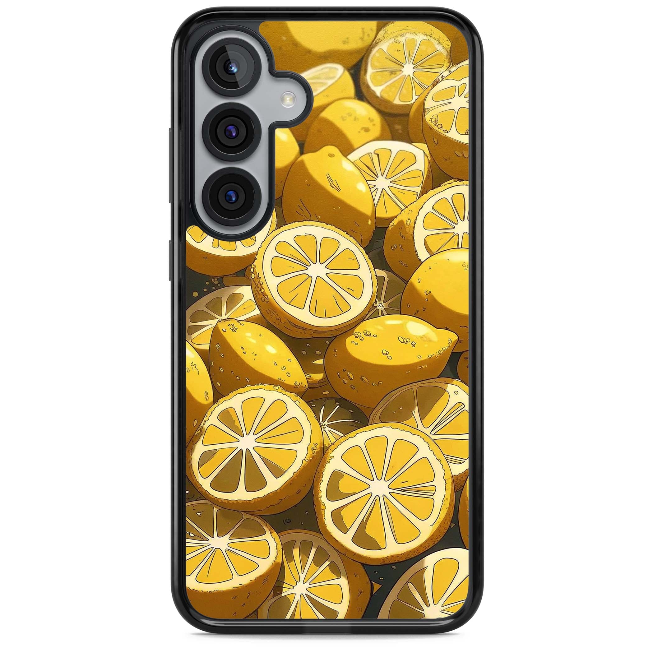 Zesty coastal iPhone case featuring illustrated Mediterranean lemons and citrus slices in golden yellow | Black Impact case for Samsung Galaxy S25, Samsung Galaxy S25 Plus