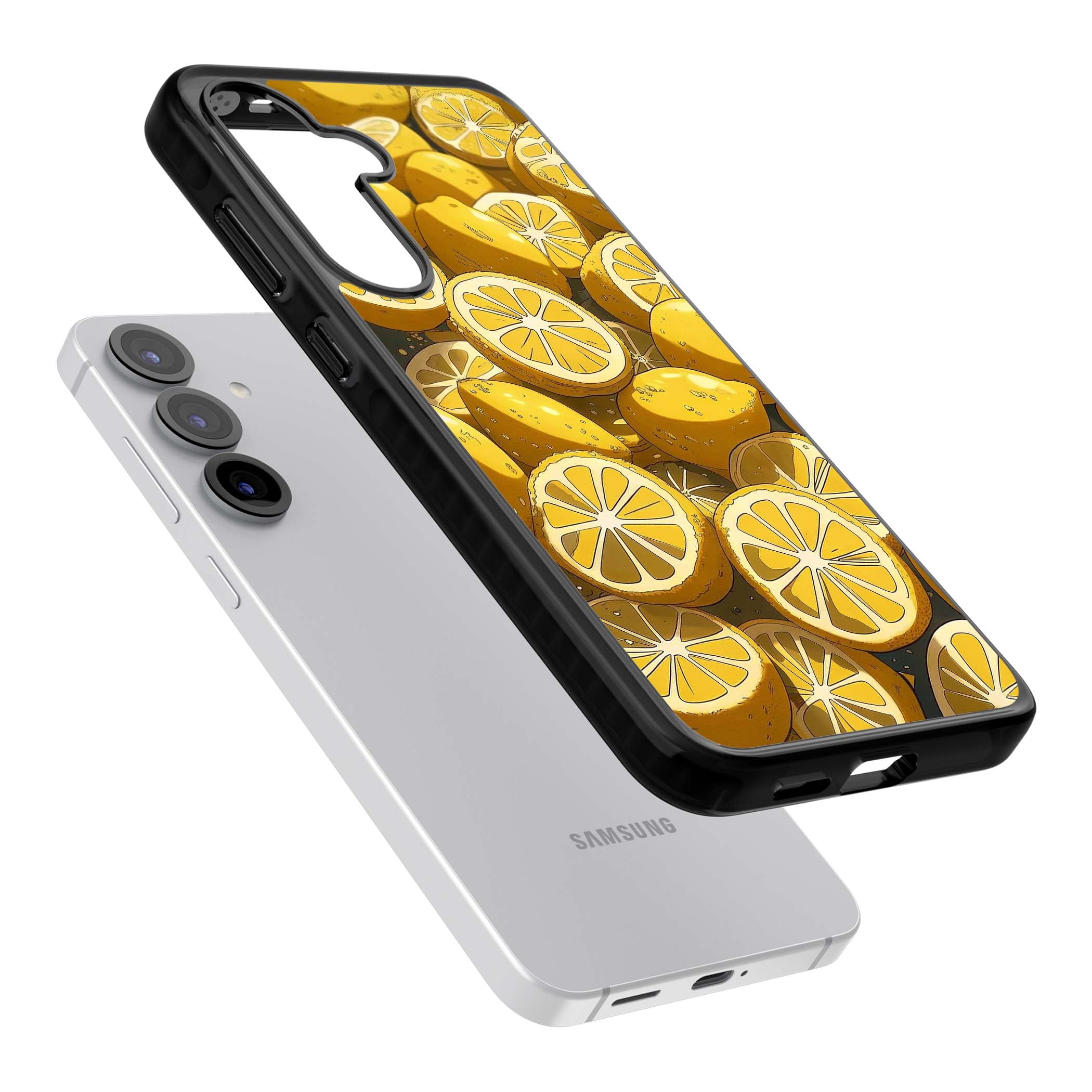 Zesty coastal iPhone case featuring illustrated Mediterranean lemons and citrus slices in golden yellow | Black Impact case for Samsung Galaxy S25, Samsung Galaxy S25 Plus