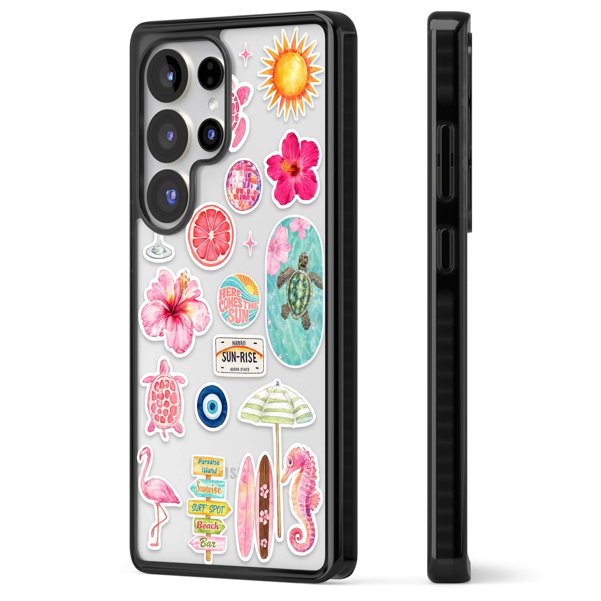 Aloha Sticker Mix tropical summer iPhone case featuring pink hibiscus, sea turtles, flamingo and beach umbrella stickers | Black Impact case for Samsung Galaxy S25 Ultra