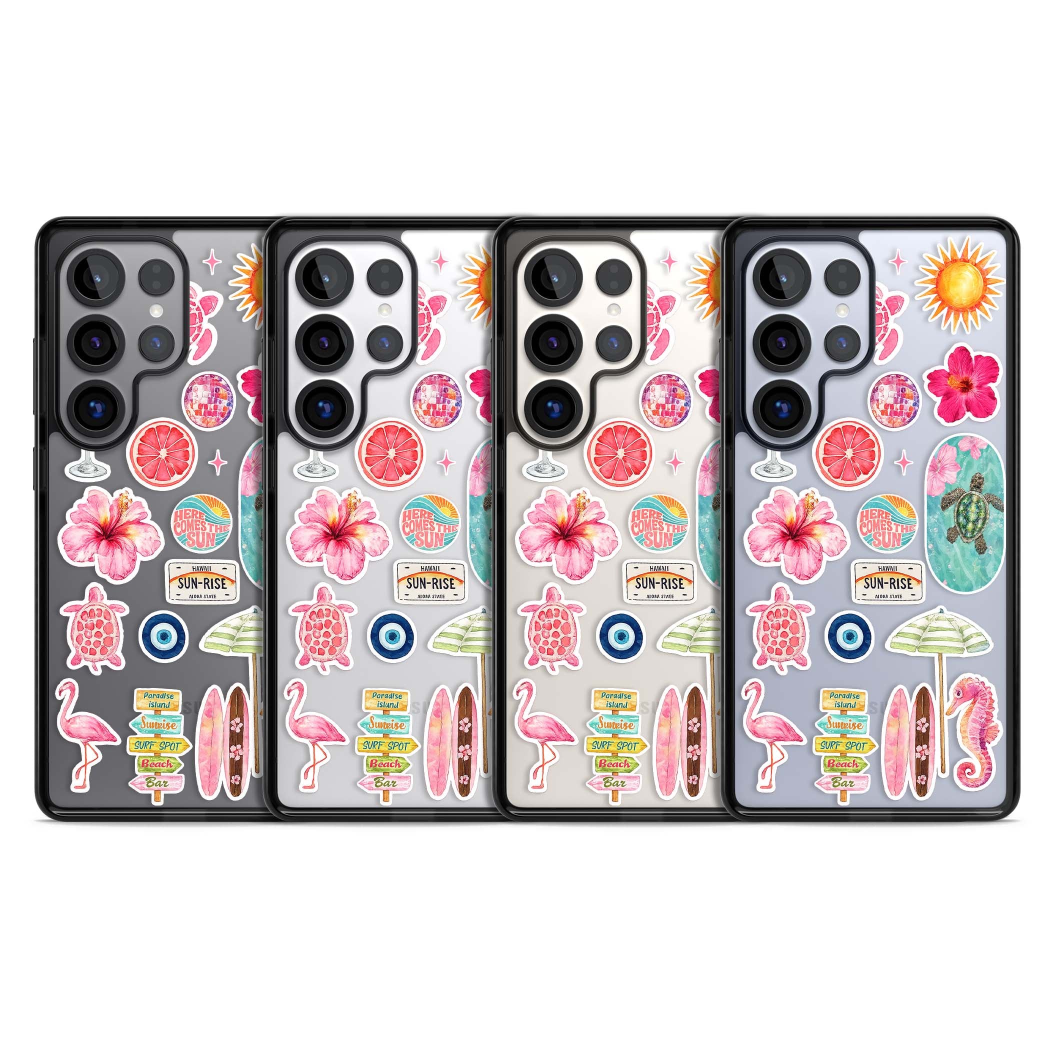 Aloha Sticker Mix tropical summer iPhone case featuring pink hibiscus, sea turtles, flamingo and beach umbrella stickers | Black Impact case for Samsung Galaxy S25 Ultra