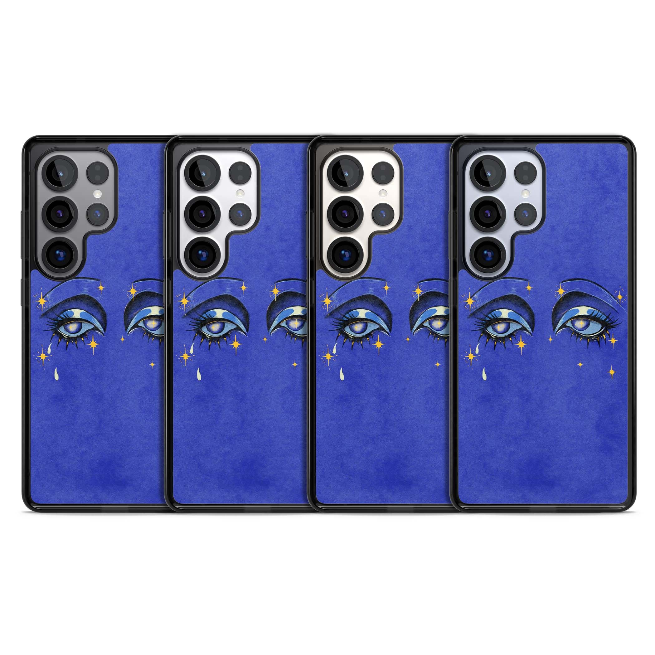 Blue Mystic Eyes celestial iPhone case featuring hand drawn blue mystical eyes, golden stars and a painted tear on indigo | Black Impact case for Samsung Galaxy S25 Ultra