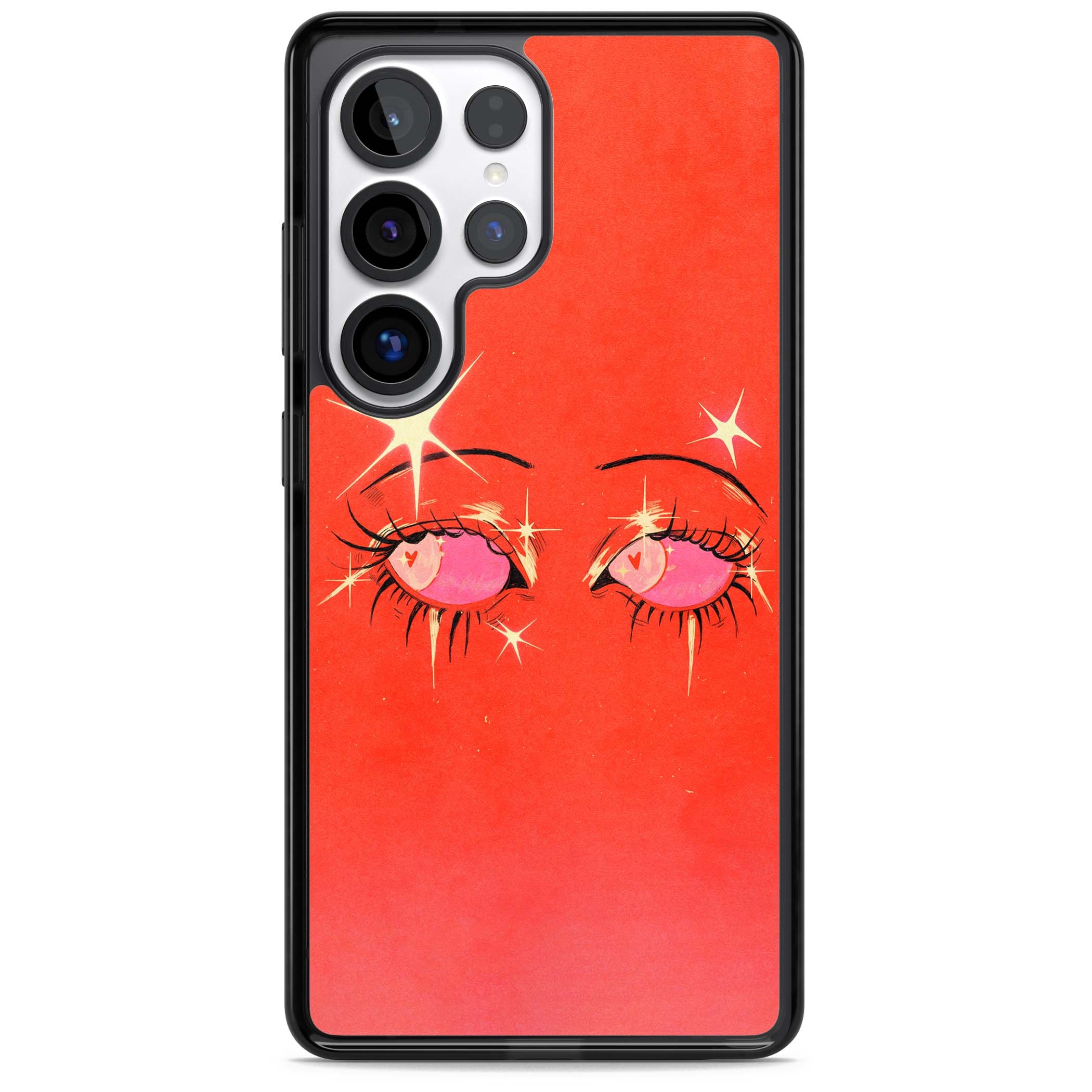 Pink Ethereal Eyes anime iPhone case featuring hand-drawn sparkly eyes with pink hearts and gold stars on red | Black Impact case for Samsung Galaxy S25 Ultra