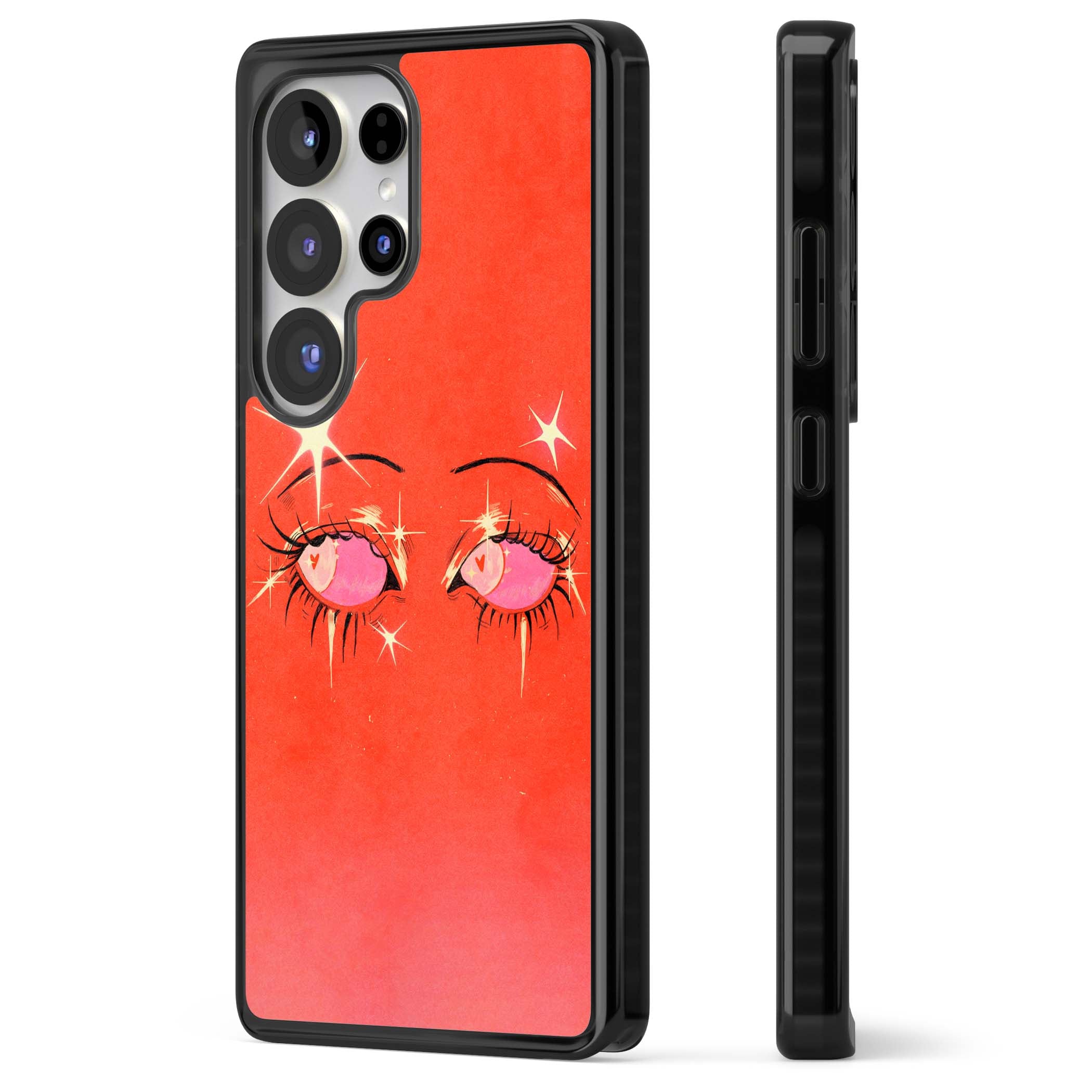 Pink Ethereal Eyes anime iPhone case featuring hand-drawn sparkly eyes with pink hearts and gold stars on red | Black Impact case for Samsung Galaxy S25 Ultra