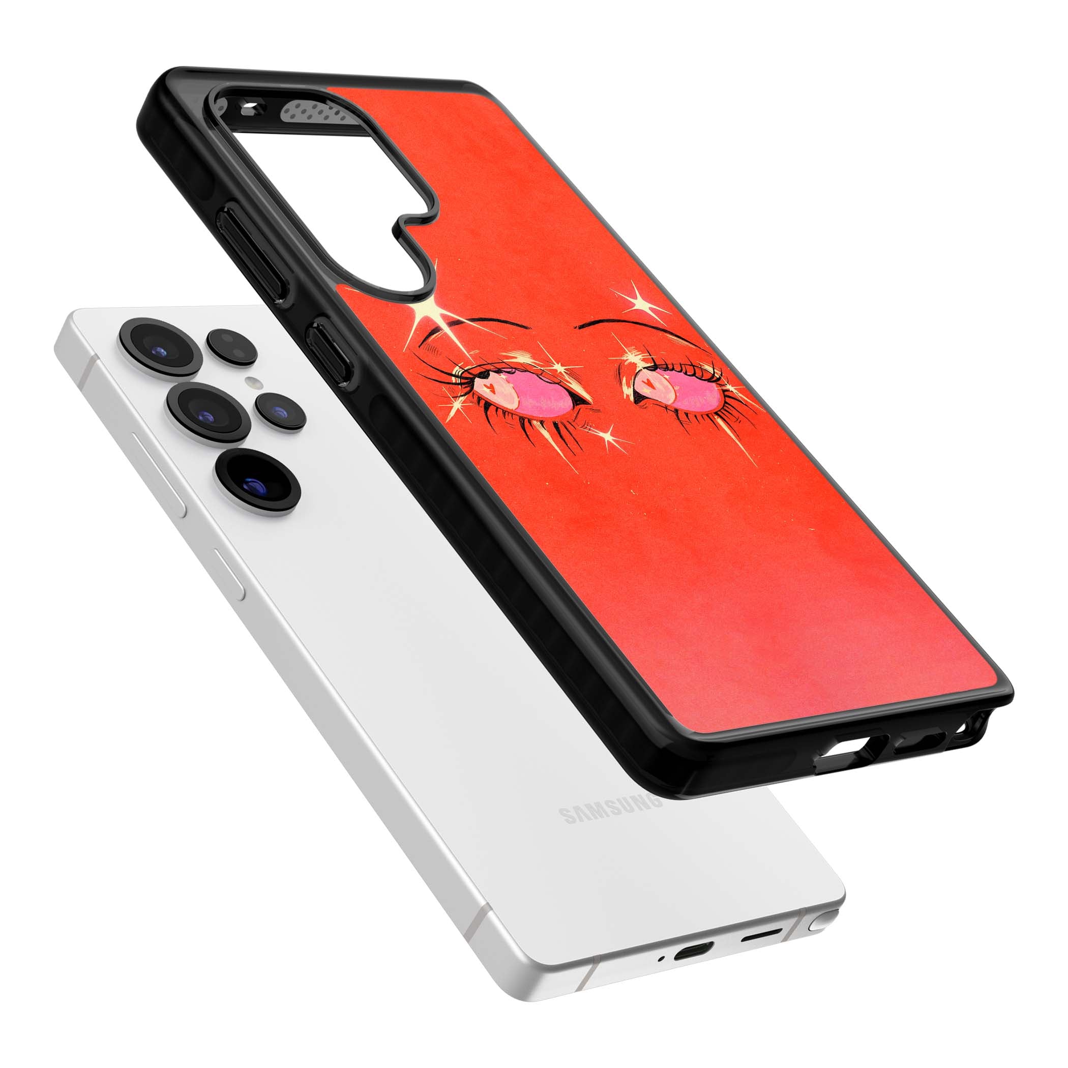 Pink Ethereal Eyes anime iPhone case featuring hand-drawn sparkly eyes with pink hearts and gold stars on red | Black Impact case for Samsung Galaxy S25 Ultra