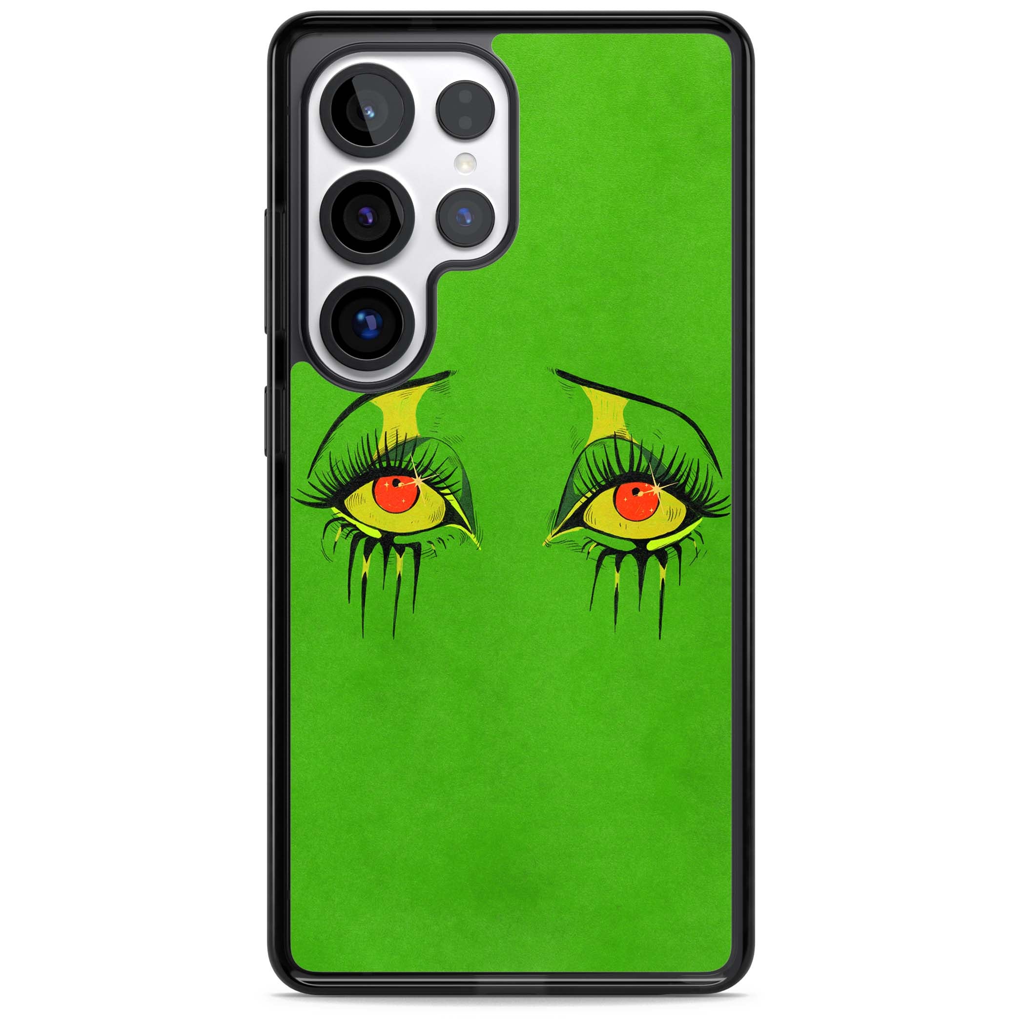 Green Enchanted Eyes psychedelic art iPhone case featuring hand-drawn dripping eyes on neon green background | Black Impact case for Samsung Galaxy S25 Ultra