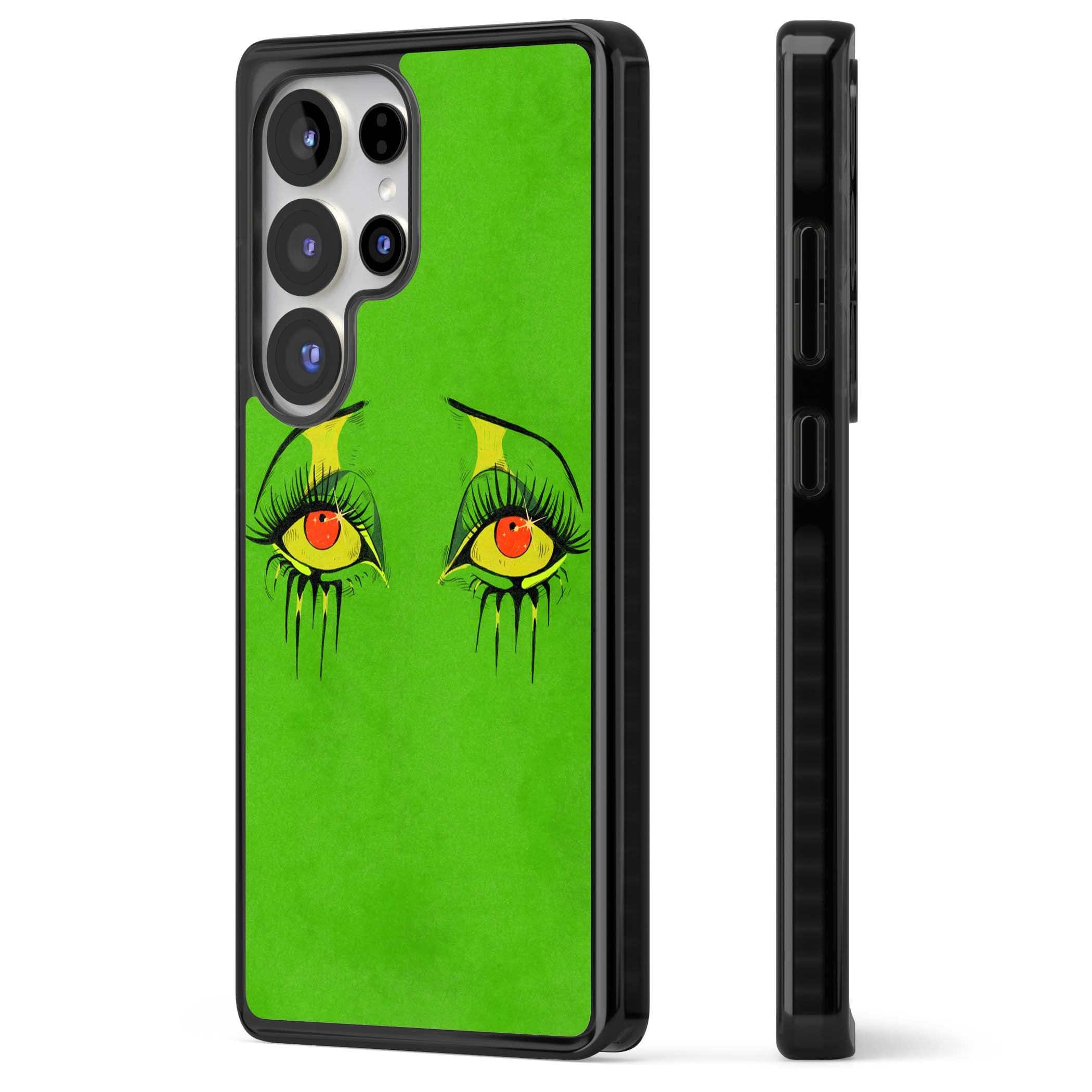 Green Enchanted Eyes psychedelic art iPhone case featuring hand-drawn dripping eyes on neon green background | Black Impact case for Samsung Galaxy S25 Ultra