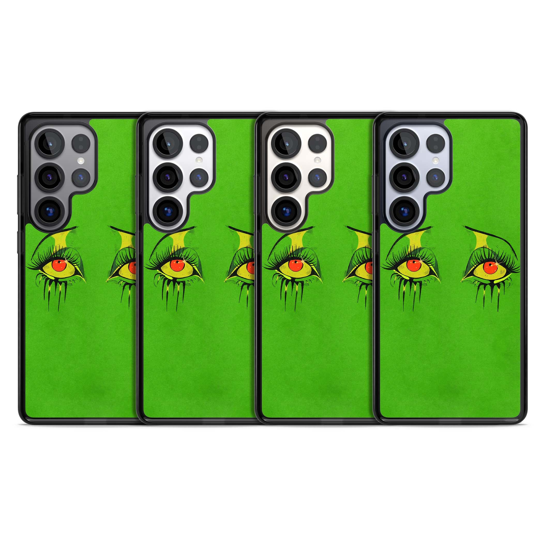 Green Enchanted Eyes psychedelic art iPhone case featuring hand-drawn dripping eyes on neon green background | Black Impact case for Samsung Galaxy S25 Ultra