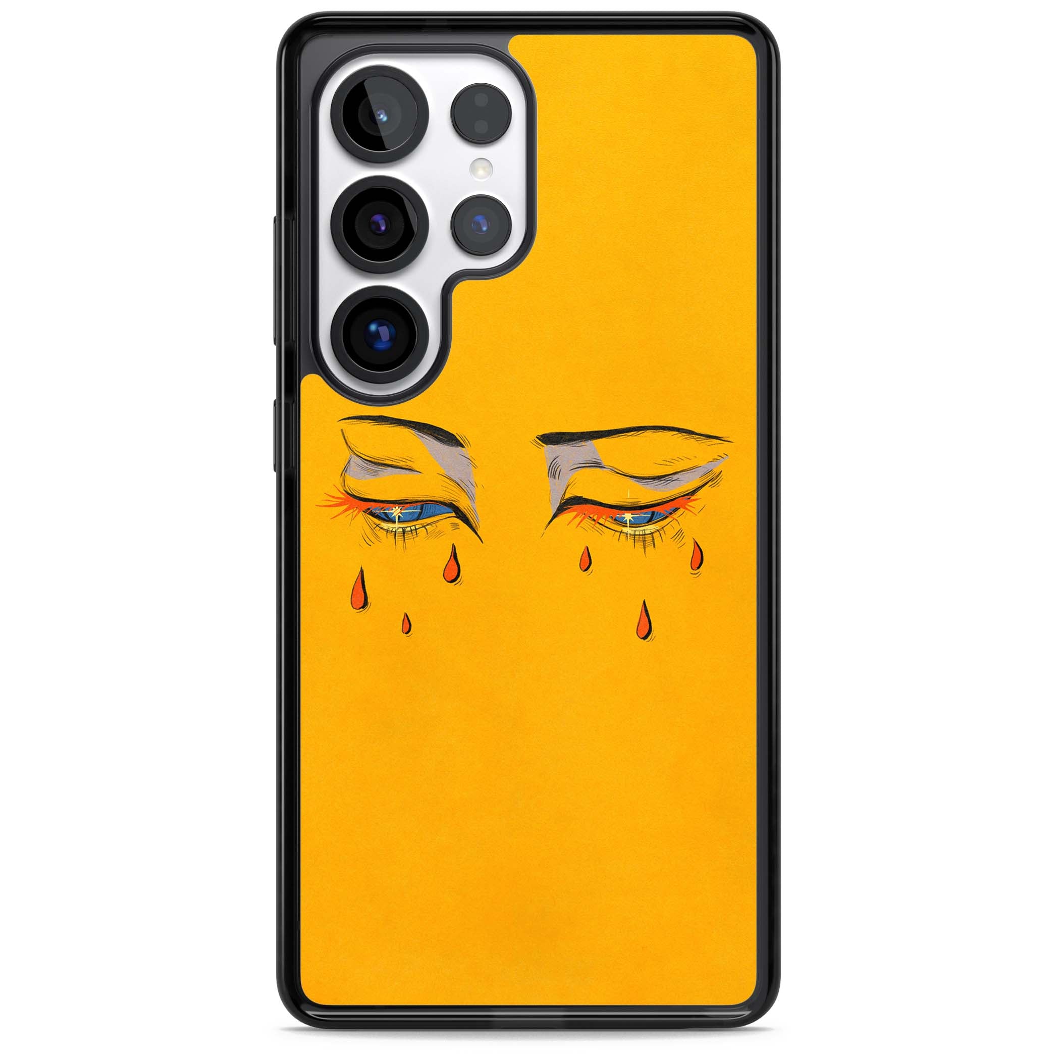 Yellow Tearful Eyes indie iPhone case featuring hand-drawn crying eyes with orange tears on a yellow background | Black Impact case for Samsung Galaxy S25 Ultra