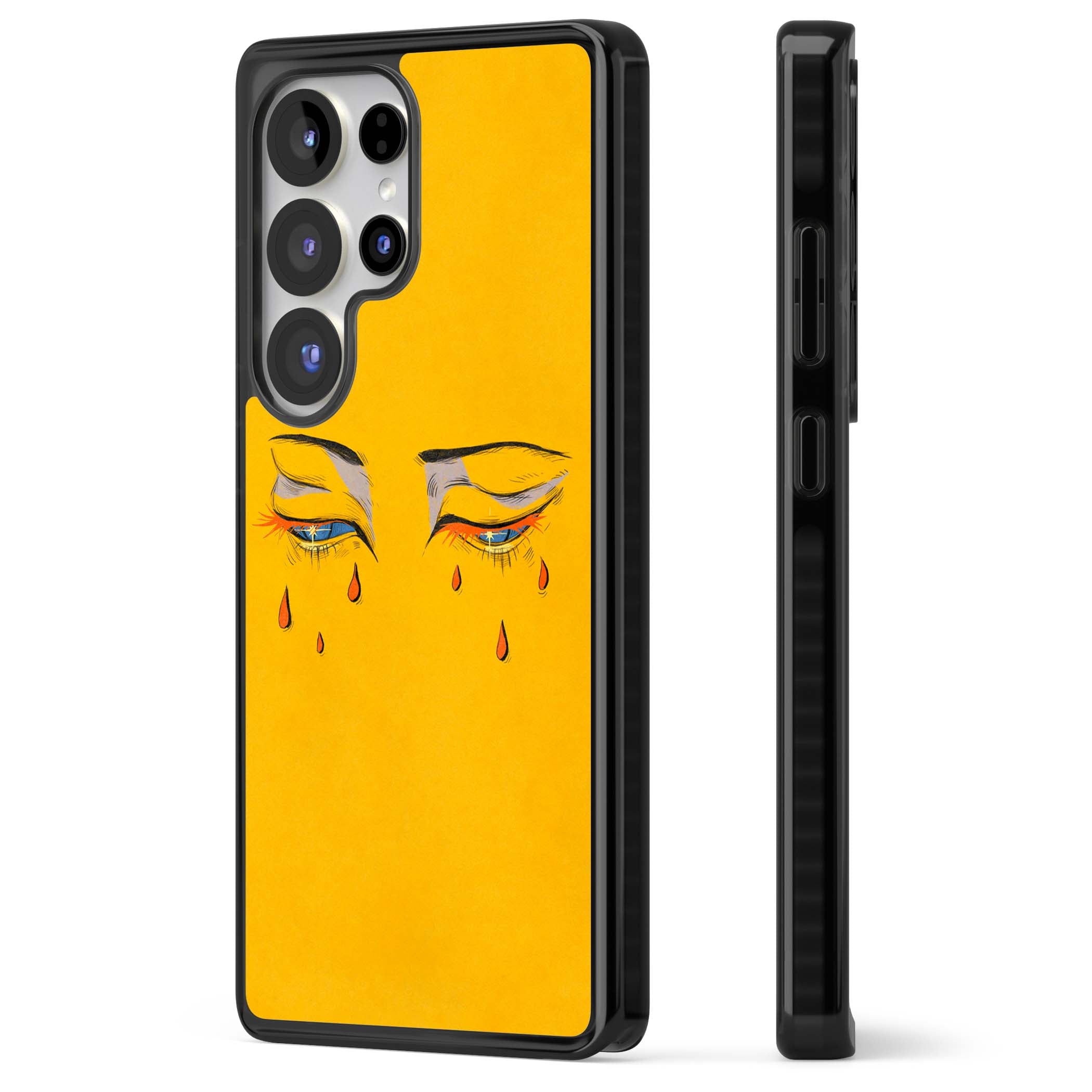 Yellow Tearful Eyes indie iPhone case featuring hand-drawn crying eyes with orange tears on a yellow background | Black Impact case for Samsung Galaxy S25 Ultra