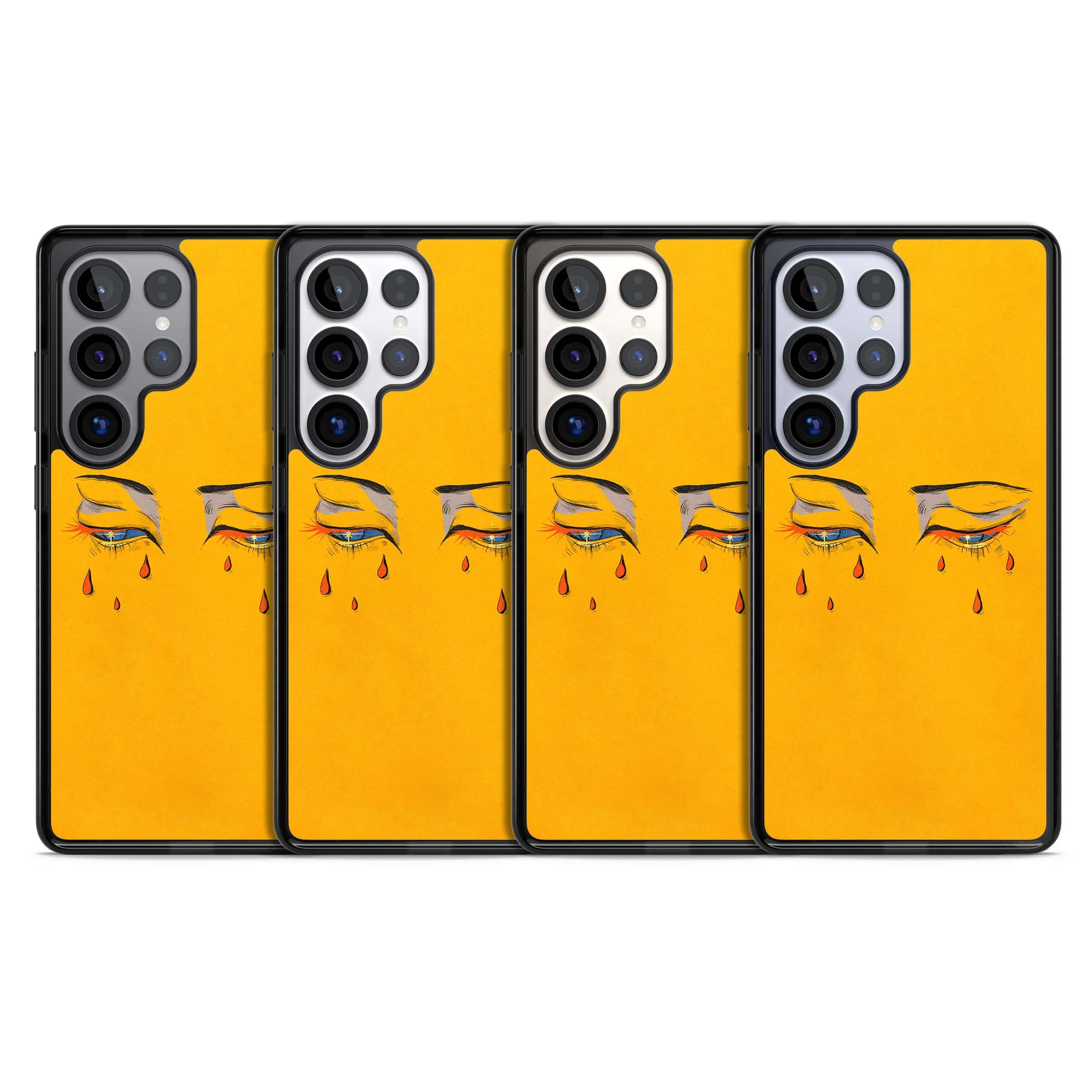 Yellow Tearful Eyes indie iPhone case featuring hand-drawn crying eyes with orange tears on a yellow background | Black Impact case for Samsung Galaxy S25 Ultra