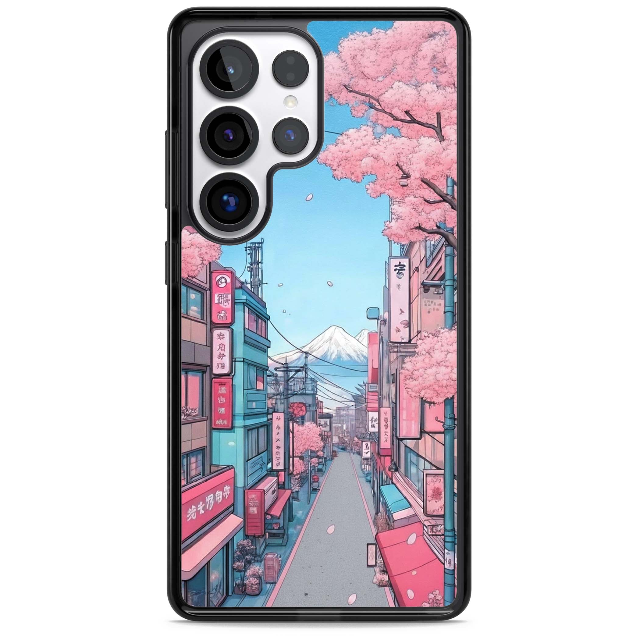 Sakura Lane anime iPhone case featuring Tokyo street scene with cherry blossoms and Mount Fuji | Black Impact case for Samsung Galaxy S25 Ultra