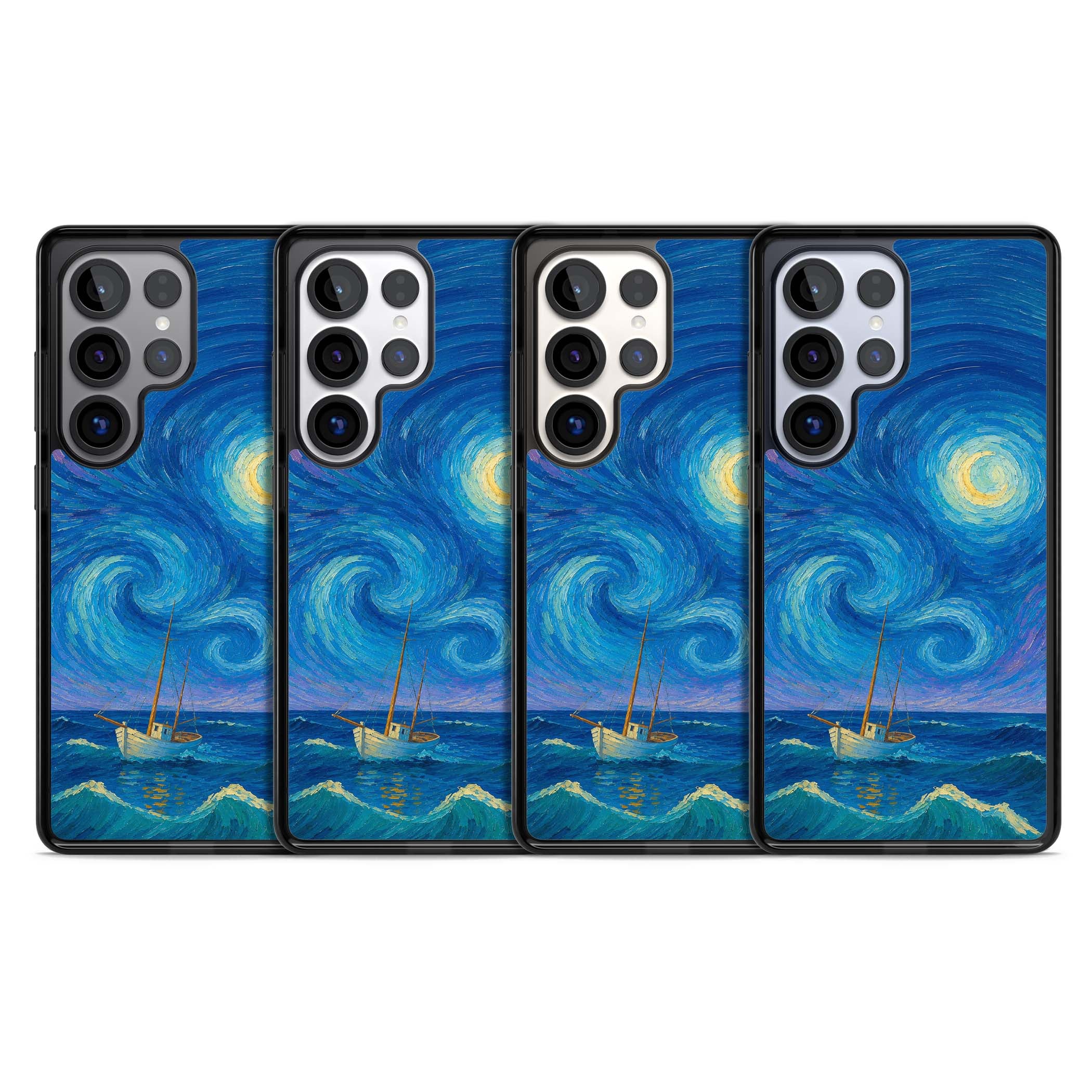 Moonlit Tide Van Gogh art iPhone case featuring swirling starry night sky, glowing moon and lone sailing boat at sea | Black Impact case for Samsung Galaxy S25 Ultra