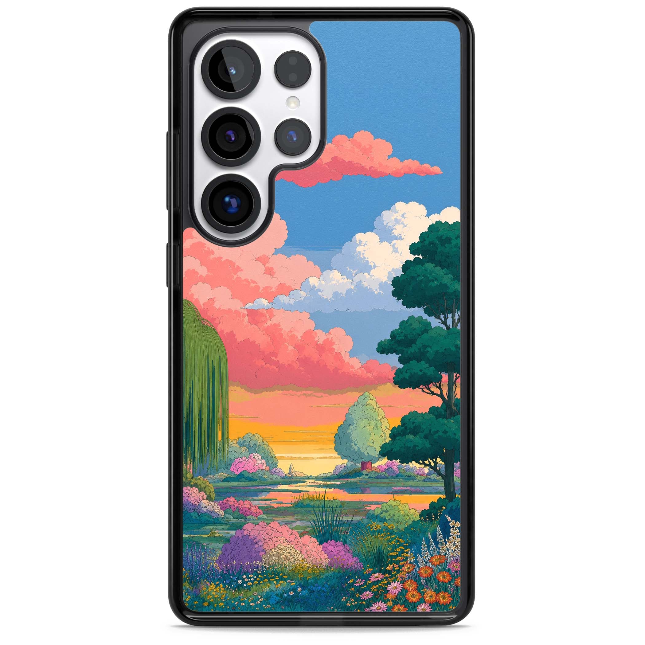 Dream Valley anime landscape iPhone case featuring pink sunset clouds, willow trees and wildflowers | Black Impact case for Samsung Galaxy S25 Ultra