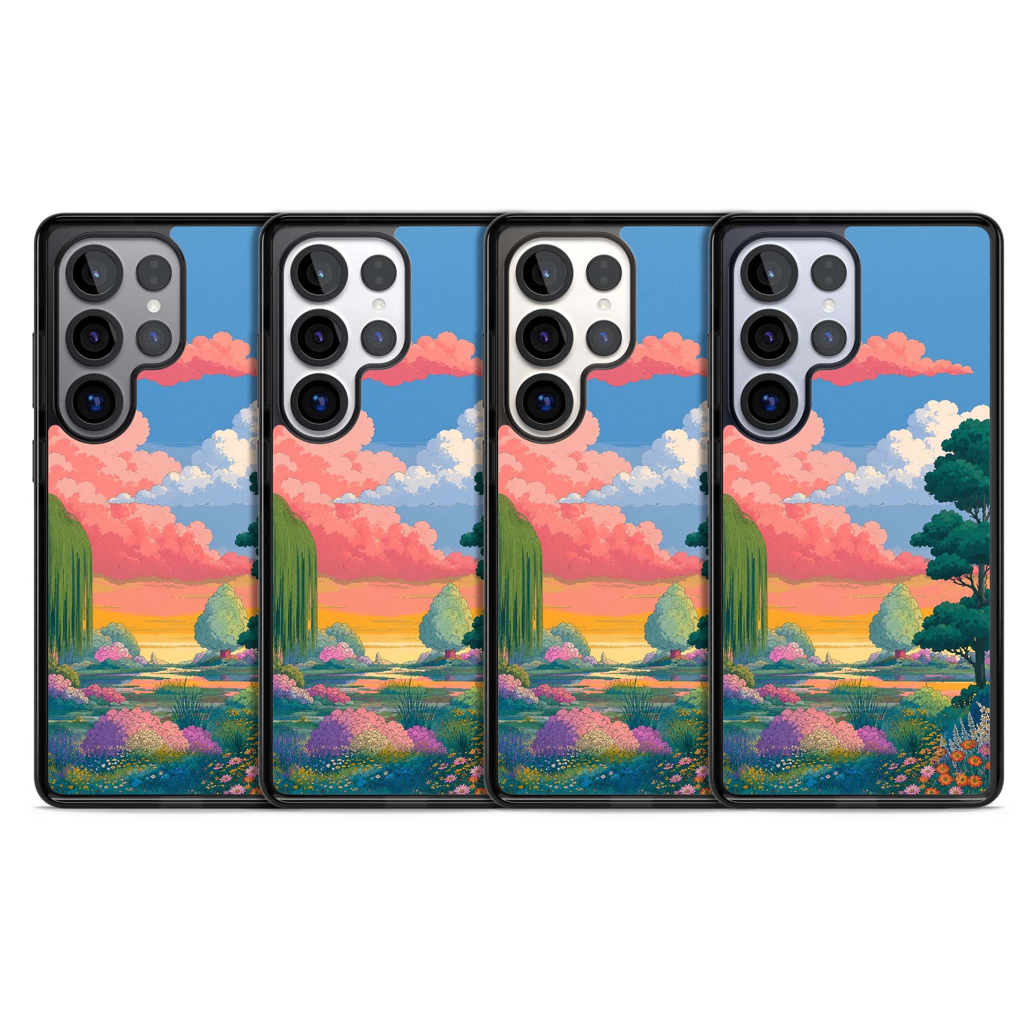 Dream Valley anime landscape iPhone case featuring pink sunset clouds, willow trees and wildflowers | Black Impact case for Samsung Galaxy S25 Ultra