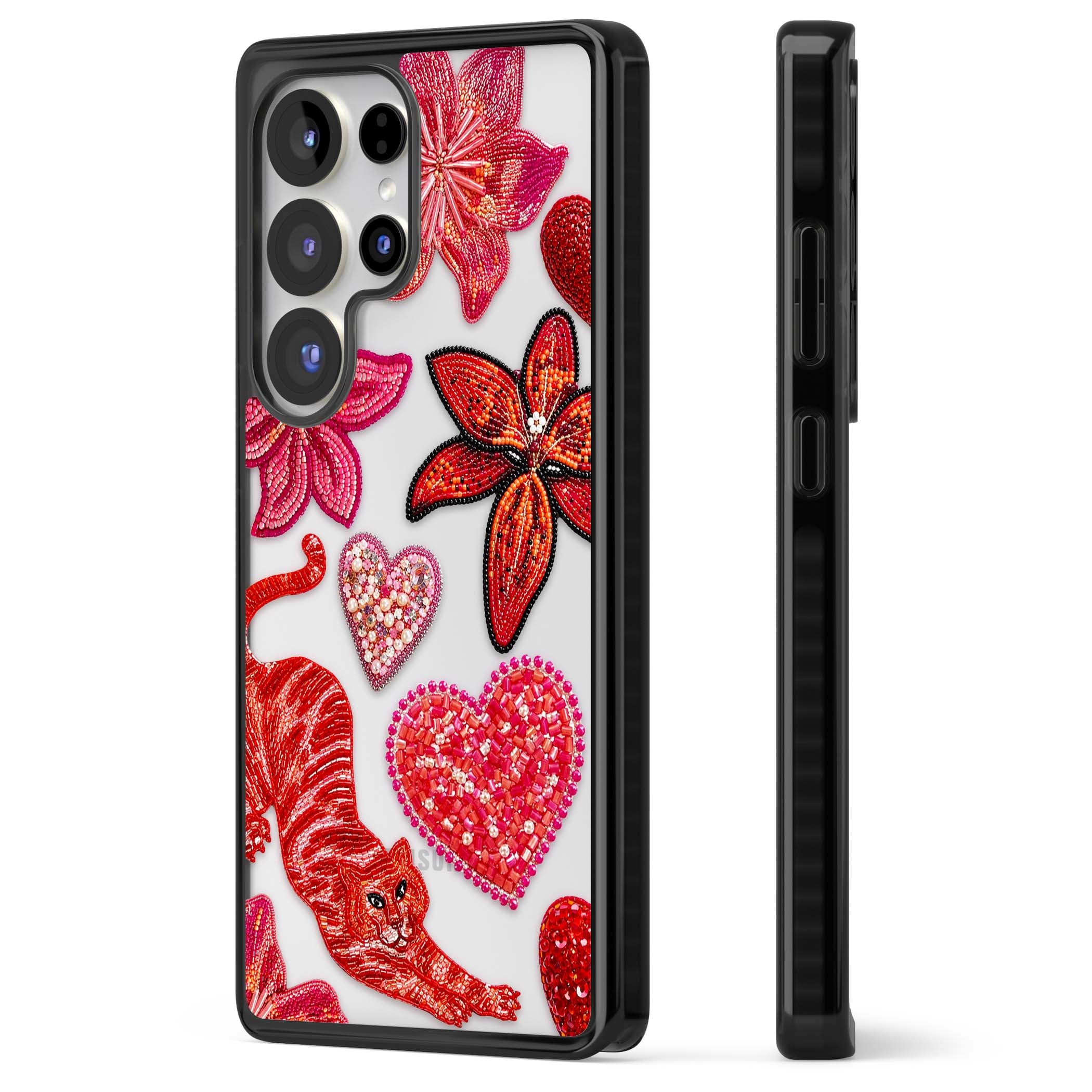 Beaded Boho floral iPhone case featuring beaded red lilies, a stitched tiger, and pearl-encrusted hearts on clear | Black Impact case for Samsung Galaxy S25 Ultra