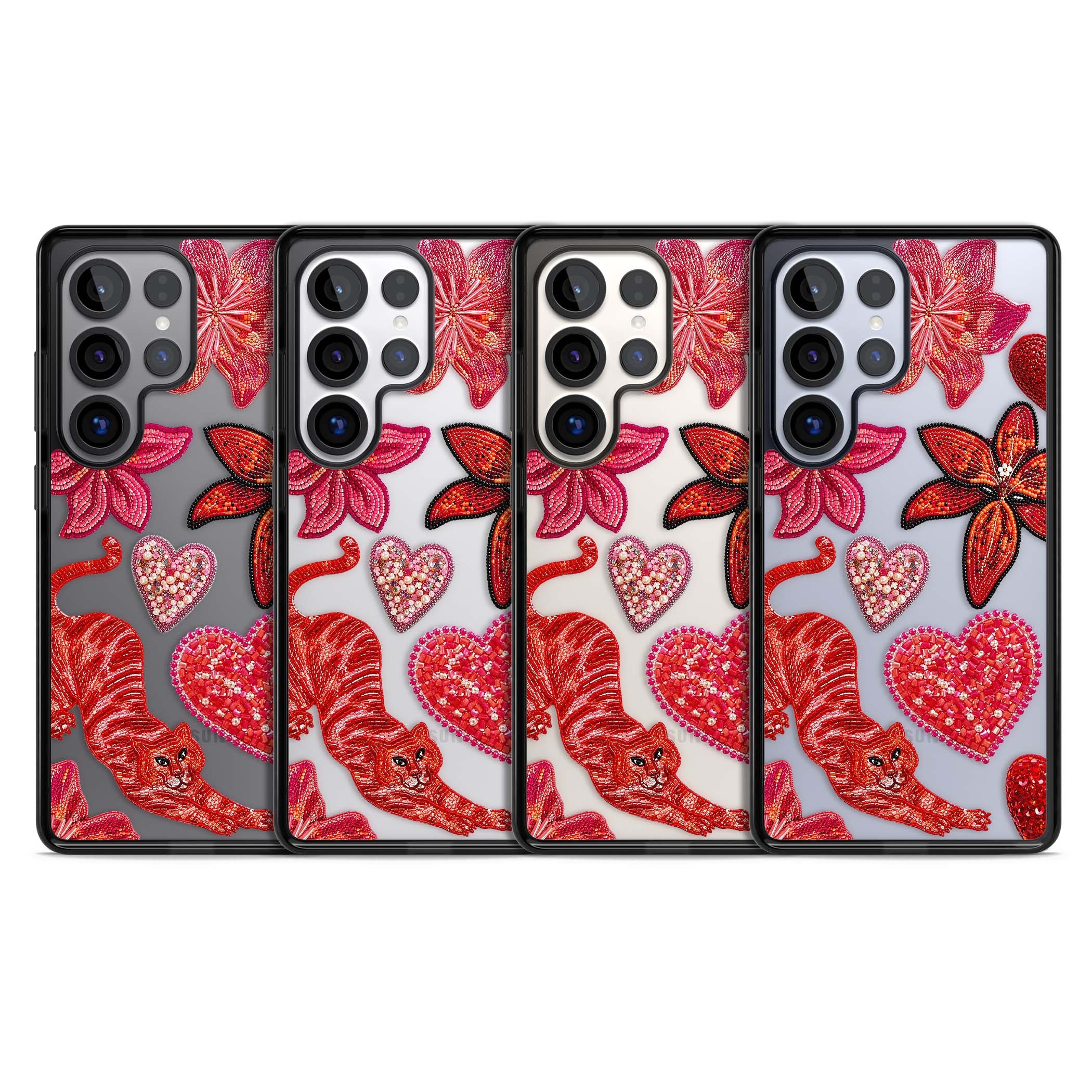 Beaded Boho floral iPhone case featuring beaded red lilies, a stitched tiger, and pearl-encrusted hearts on clear | Black Impact case for Samsung Galaxy S25 Ultra
