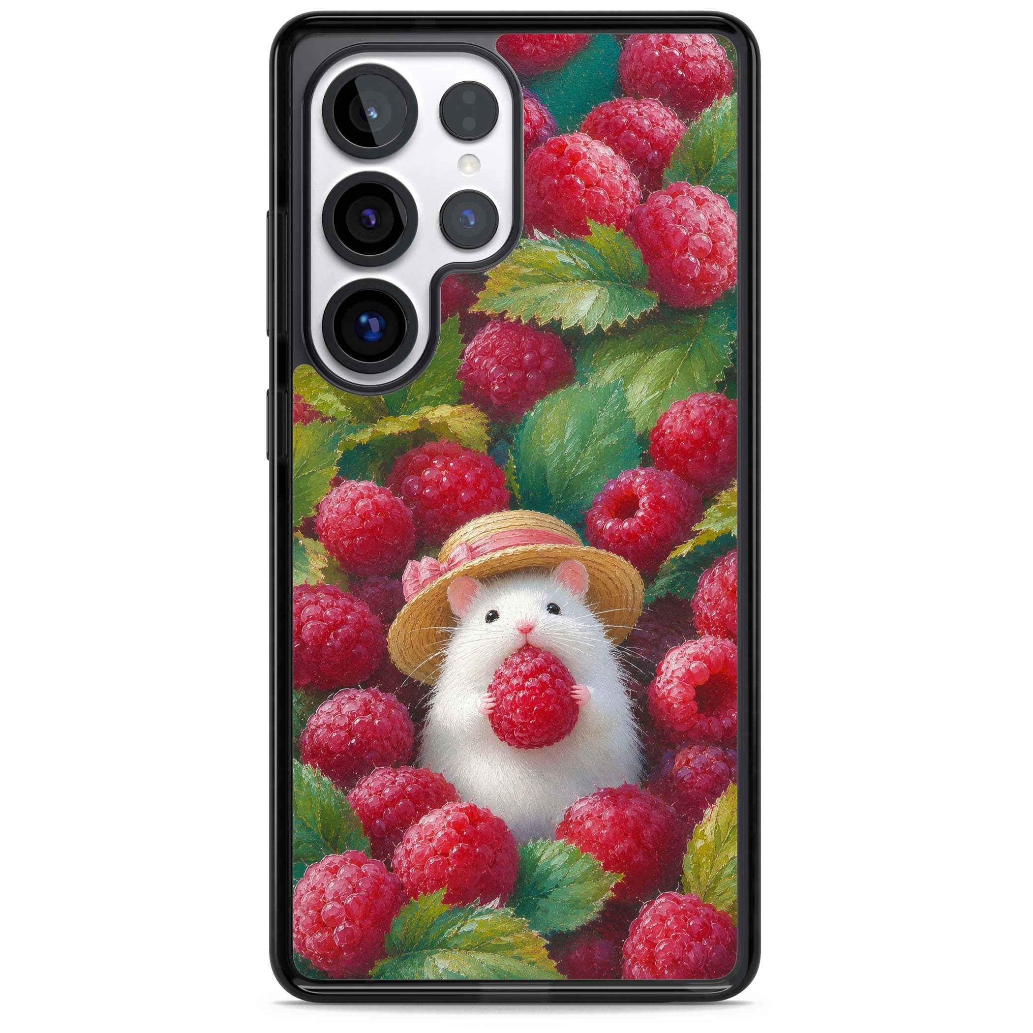 Berry Forager cottagecore iPhone case featuring a white hamster in a straw hat holding a raspberry surrounded by ripe ber | Black Impact case for Samsung Galaxy S25 Ultra