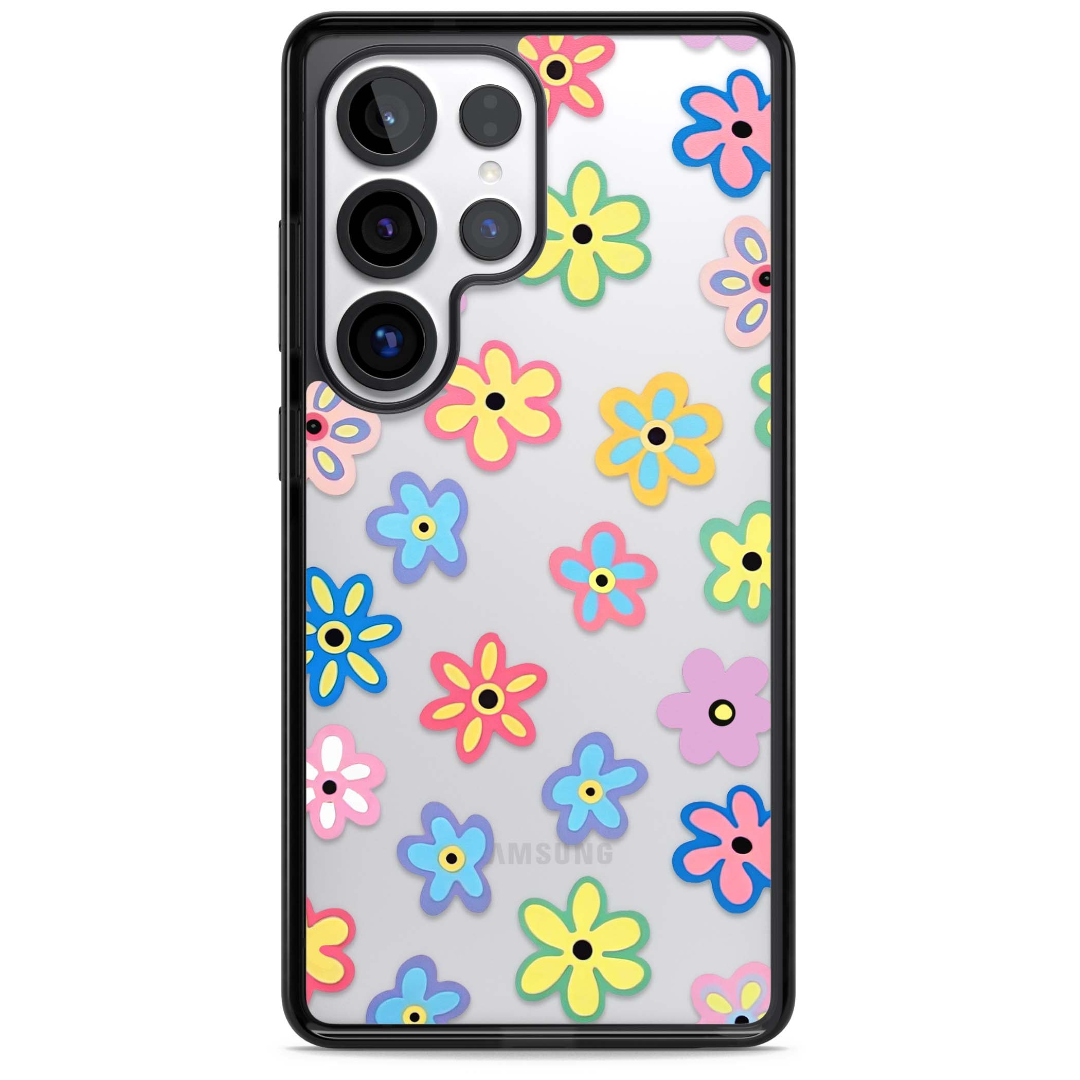 Bloom Pop cottagecore iPhone case featuring multicolor pastel flowers with black centers on clear background | Black Impact case for Samsung Galaxy S25 Ultra