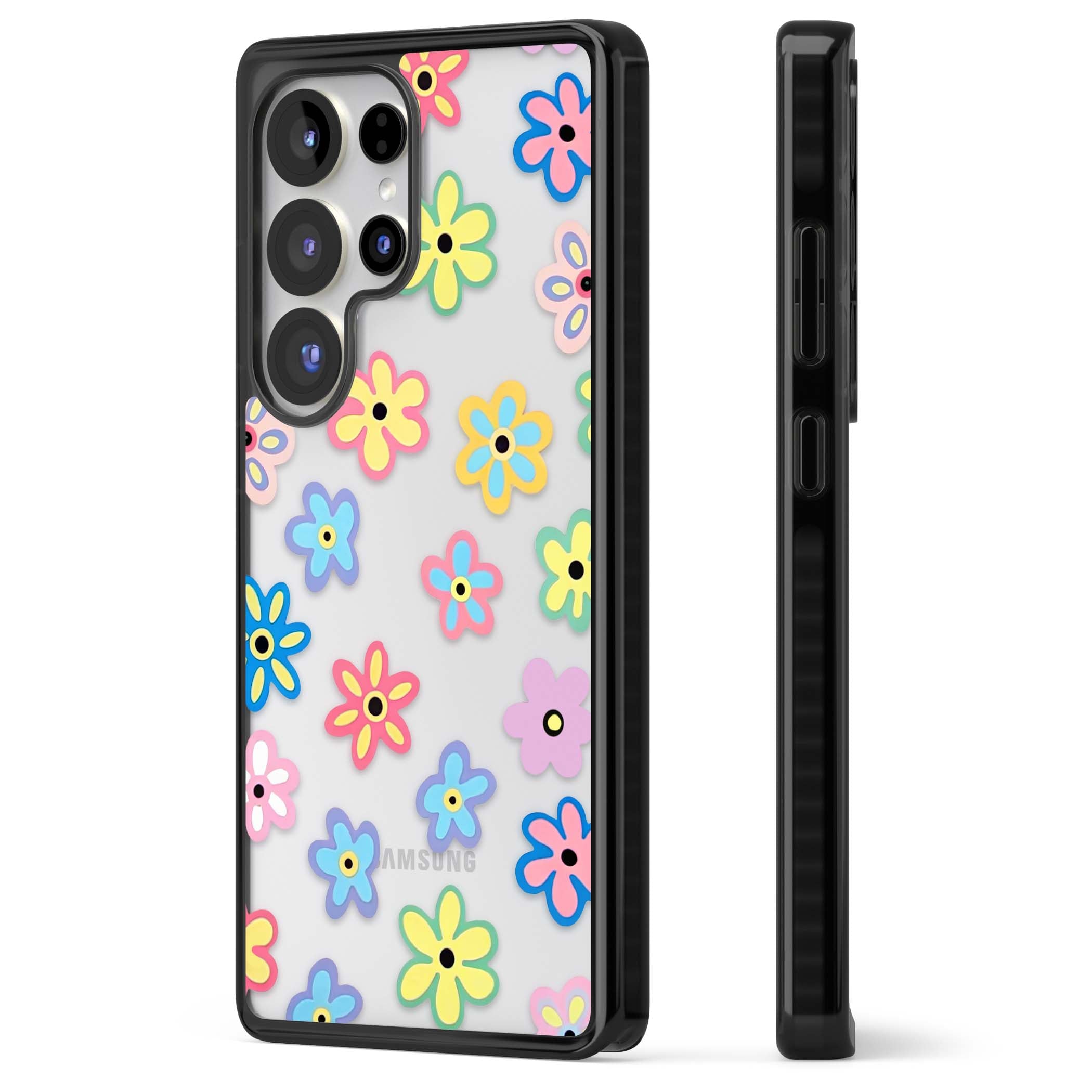 Bloom Pop cottagecore iPhone case featuring multicolor pastel flowers with black centers on clear background | Black Impact case for Samsung Galaxy S25 Ultra