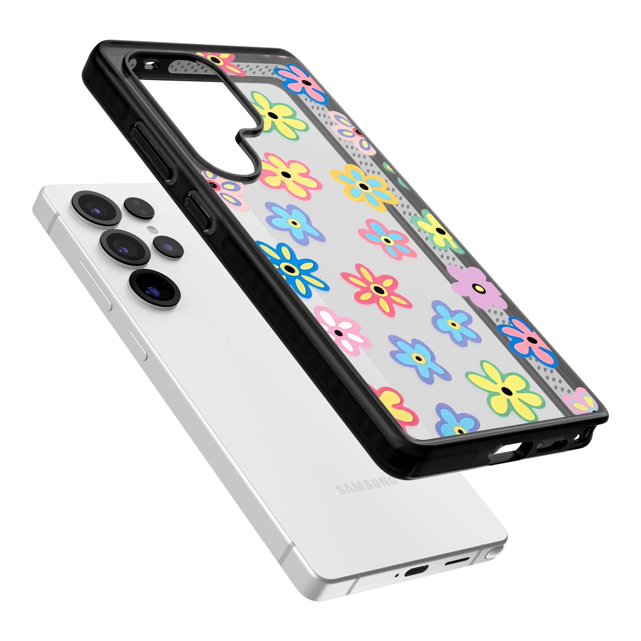 Bloom Pop cottagecore iPhone case featuring multicolor pastel flowers with black centers on clear background | Black Impact case for Samsung Galaxy S25 Ultra